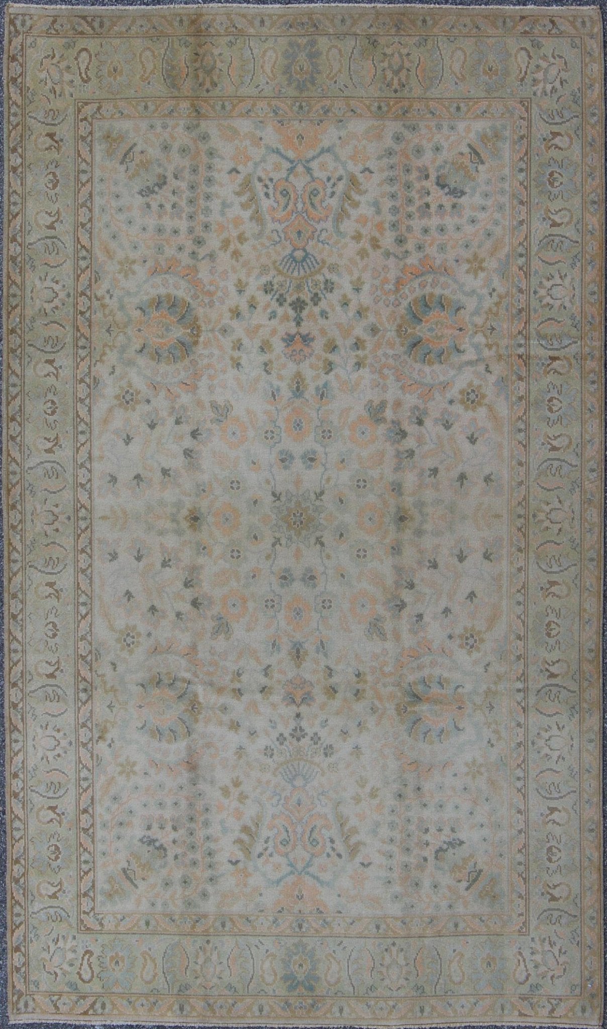 Neutral Vintage Turkish Oushak Rug with Floral Design and Medallions with repeated floral motifs Measures: 6'0 x 9'10 Country of Origin: Turkey; Type: Oushak; Design: All - Over, Floral, Arabesque - Floral; Keivan Woven Arts: rug tu - vey - 46011... - Keivan Woven ArtsTU - VEY - 46011 - 7923Rug