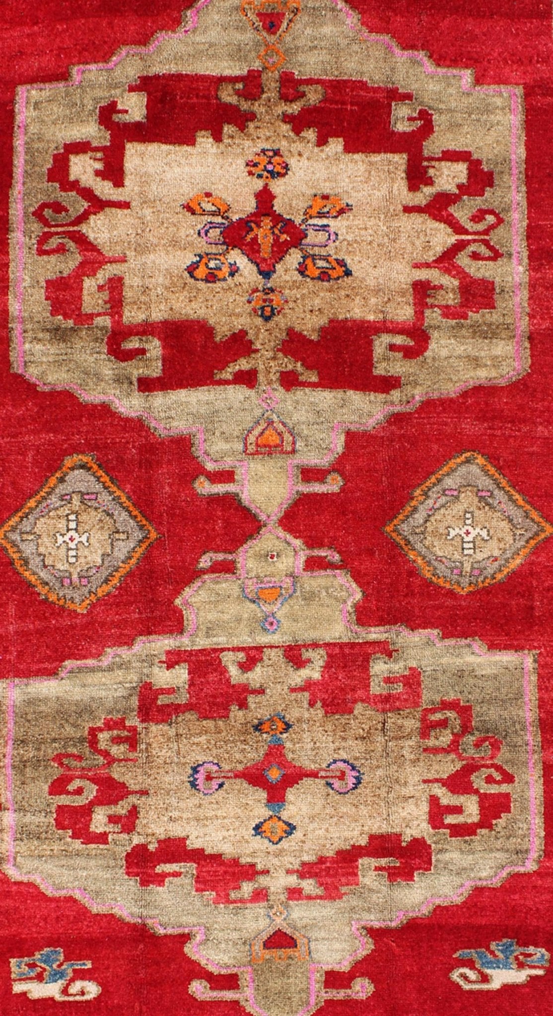 Bright Red and Taupe Vintage Turkish Oushak Rug with Dual Medallion Design Measures: 5'11'' x 10'4''. This Turkish rug features a dual central medallion design as well as patterns of smaller Sub - geometric elements in the border. Colors includ... - Keivan Woven ArtsTU - VEY - 4612 - 7751Rug
