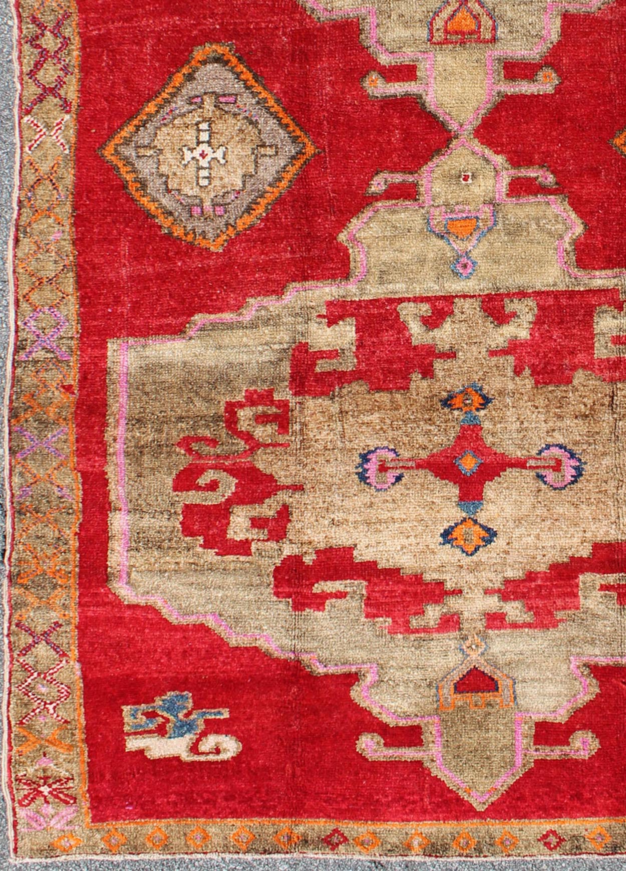 Bright Red and Taupe Vintage Turkish Oushak Rug with Dual Medallion Design Measures: 5'11'' x 10'4''. This Turkish rug features a dual central medallion design as well as patterns of smaller Sub - geometric elements in the border. Colors includ... - Keivan Woven ArtsTU - VEY - 4612 - 7751Rug