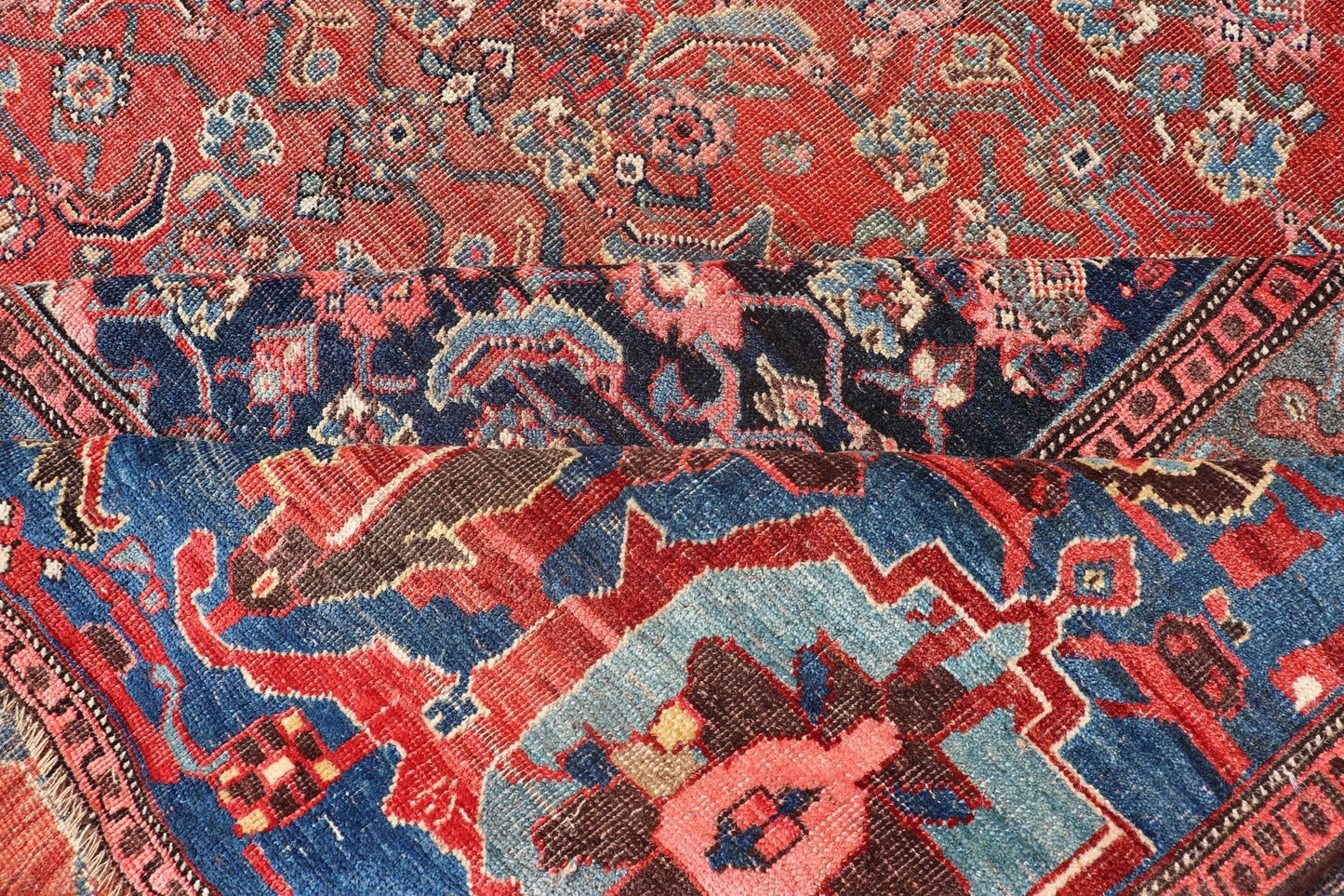 Very Large Antique Persian Bidjar Rug in Multi Shades of Blue, Tera - cotta & Red. Classic Bidjar in Tera - cotta and variety of beautiful red tones, framed by variegated shades of blue colors in the border with large Scale Geometrics. Bidjar antique r... - Keivan Woven ArtsV21 - 0106 - 14536