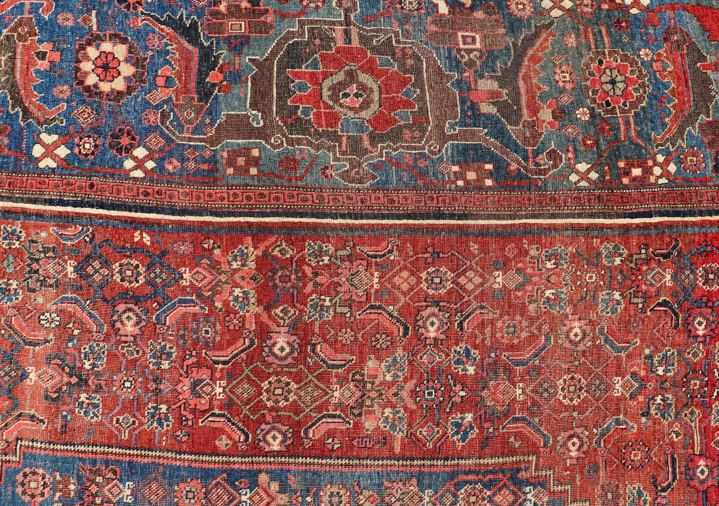 Very Large Antique Persian Bidjar Rug in Multi Shades of Blue, Tera - cotta & Red. Classic Bidjar in Tera - cotta and variety of beautiful red tones, framed by variegated shades of blue colors in the border with large Scale Geometrics. Bidjar antique r... - Keivan Woven ArtsV21 - 0106 - 14536