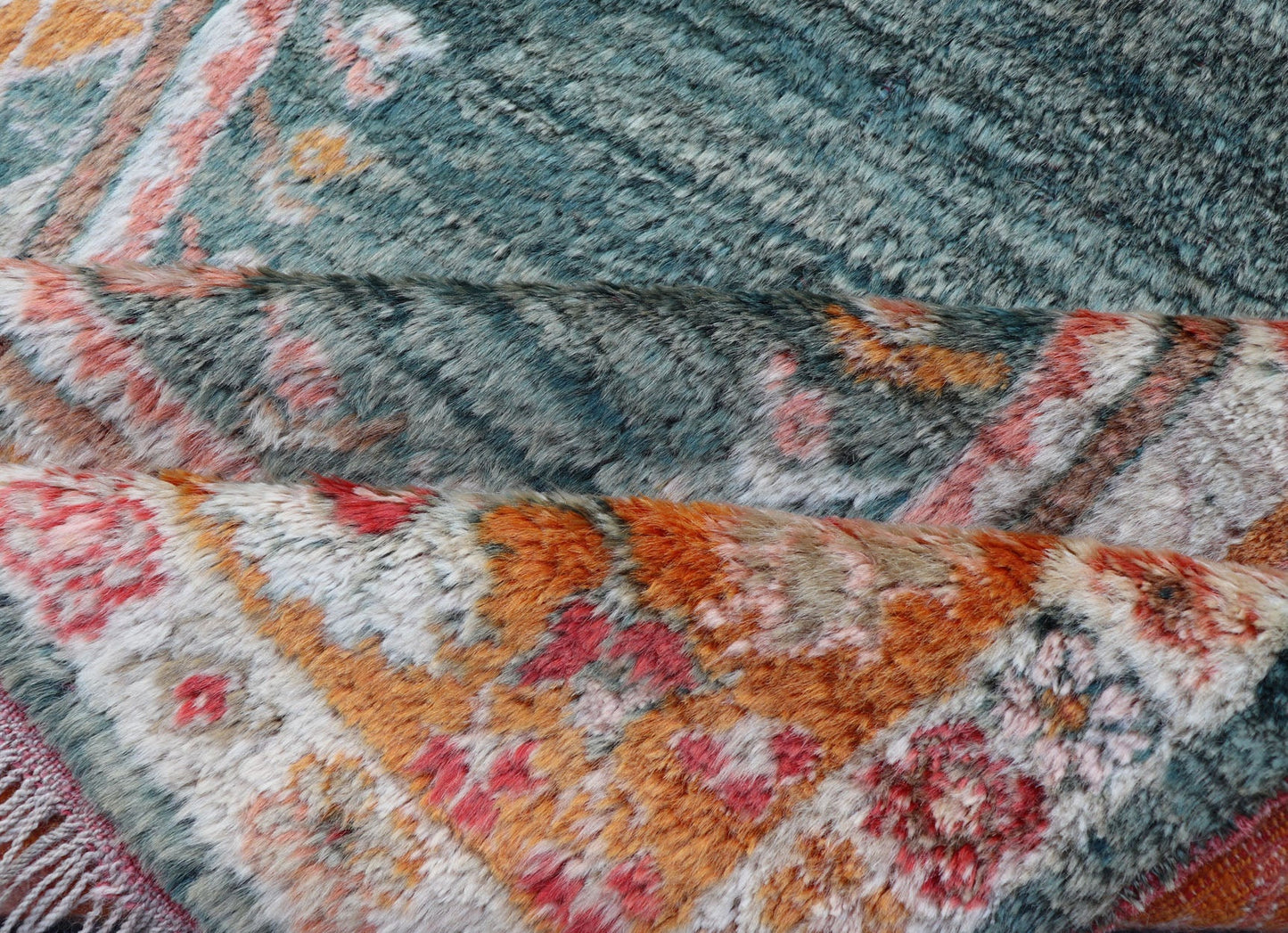 Antique Angora Oushak Rug with Solid Background in Teal, Blue, Orange Colors. Antique Angora Oushak Rug with Solid Background in Teal, Blue, Orange Colors and accent colors of red and pink. rug V21 - 0117, country of origin/type: Turkey/Oushak, circa 188... - Keivan Woven ArtsV21 - 0117 - 14840Rug