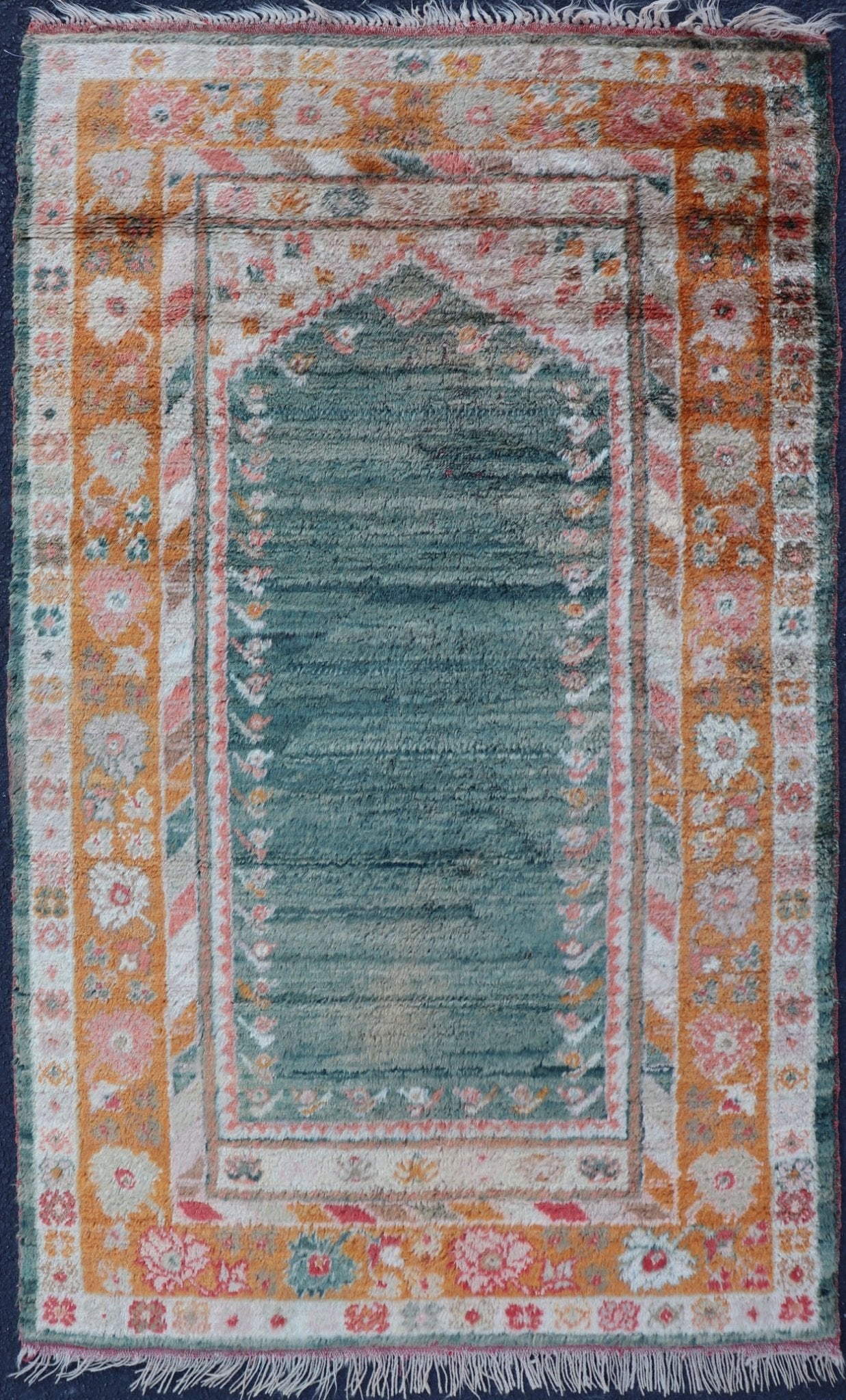 Antique Angora Oushak Rug with Solid Background in Teal, Blue, Orange Colors. Antique Angora Oushak Rug with Solid Background in Teal, Blue, Orange Colors and accent colors of red and pink. rug V21 - 0117, country of origin/type: Turkey/Oushak, circa 188... - Keivan Woven ArtsV21 - 0117 - 14840Rug