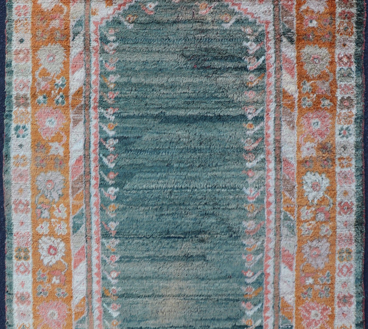 Antique Angora Oushak Rug with Solid Background in Teal, Blue, Orange Colors. Antique Angora Oushak Rug with Solid Background in Teal, Blue, Orange Colors and accent colors of red and pink. rug V21 - 0117, country of origin/type: Turkey/Oushak, circa 188... - Keivan Woven ArtsV21 - 0117 - 14840Rug