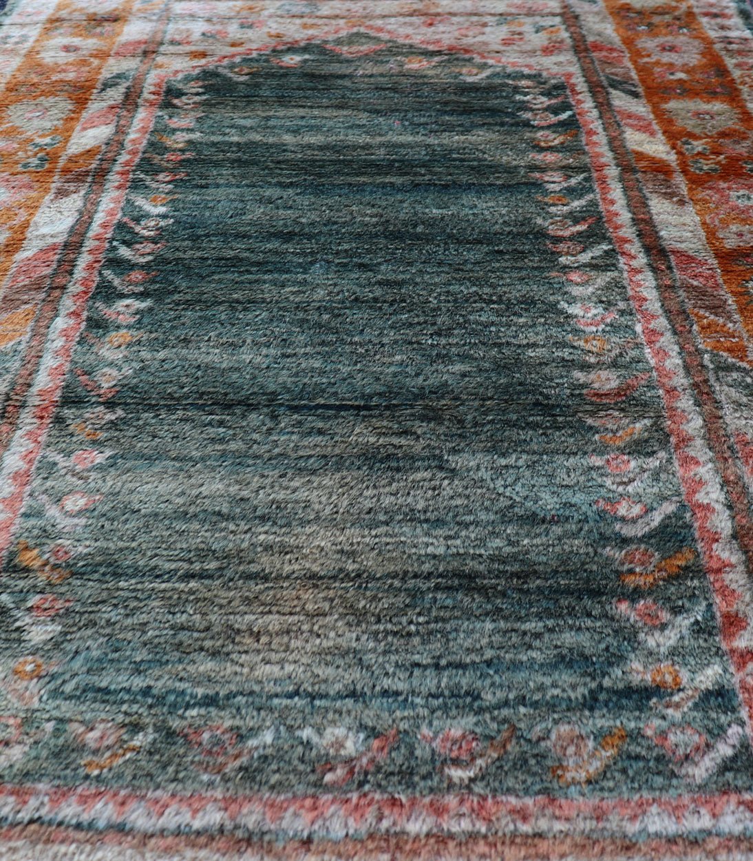 Antique Angora Oushak Rug with Solid Background in Teal, Blue, Orange Colors. Antique Angora Oushak Rug with Solid Background in Teal, Blue, Orange Colors and accent colors of red and pink. rug V21 - 0117, country of origin/type: Turkey/Oushak, circa 188... - Keivan Woven ArtsV21 - 0117 - 14840Rug