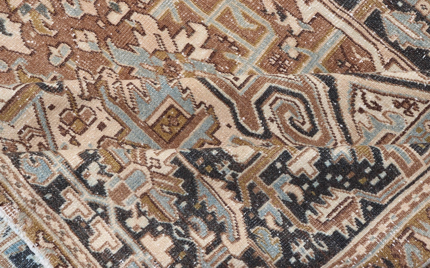 Persian Antique Heriz Rug with Geometric Design in Blue's, Tan, Cream, and Brown. Keivan Woven Arts / rug V21 - 0120, country of origin / type: Iran / Heriz, circa 1930 Measures: 11'5 x 14'7 This magnificent Persian Heriz carpet bears an ex... - Keivan Woven ArtsV21 - 0120 - 14844Rug