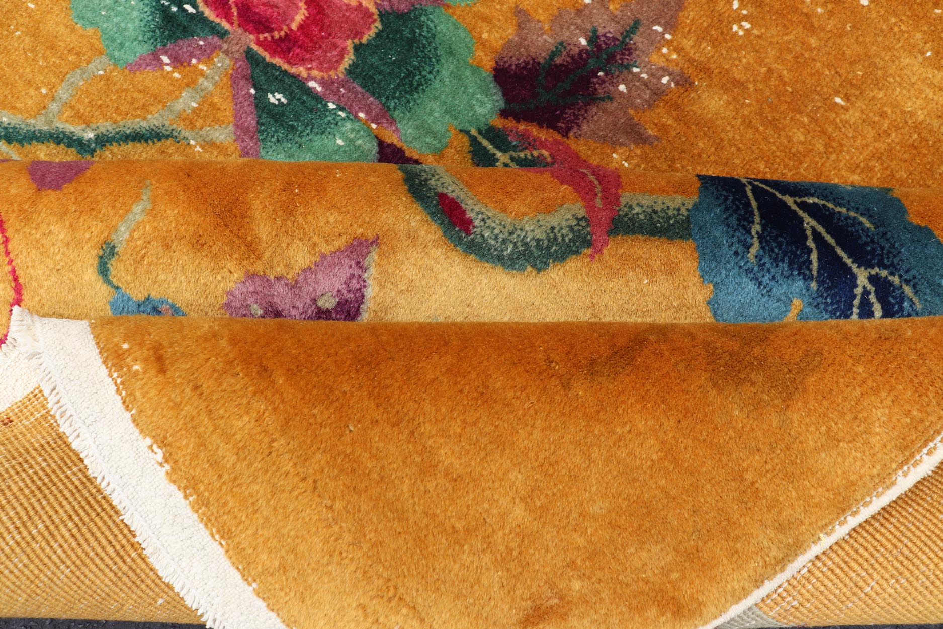 Golden Yellow Background Chinese Art Deco Rug with All - Over Vining Flowers. Golden yellow background Chinese Art Deco rug, rug V21 - 0206, country of origin / type: China / Art Deco, circa 1920. Alive with color, this beautiful antique Art Deco... - Keivan Woven ArtsV21 - 0206 - 15542Rug