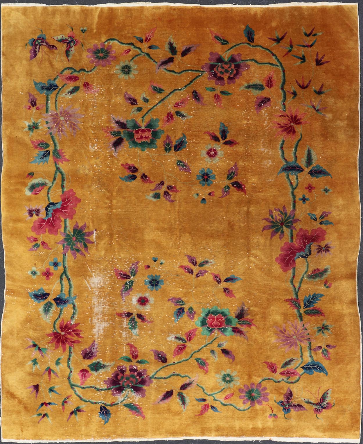 Golden Yellow Background Chinese Art Deco Rug with All - Over Vining Flowers. Golden yellow background Chinese Art Deco rug, rug V21 - 0206, country of origin / type: China / Art Deco, circa 1920. Alive with color, this beautiful antique Art Deco... - Keivan Woven ArtsV21 - 0206 - 15542Rug