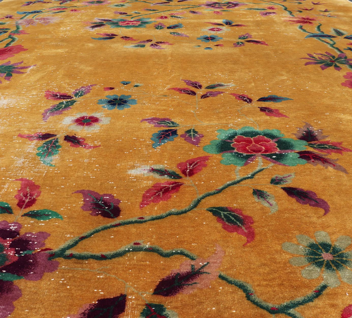 Golden Yellow Background Chinese Art Deco Rug with All - Over Vining Flowers. Golden yellow background Chinese Art Deco rug, rug V21 - 0206, country of origin / type: China / Art Deco, circa 1920. Alive with color, this beautiful antique Art Deco... - Keivan Woven ArtsV21 - 0206 - 15542Rug