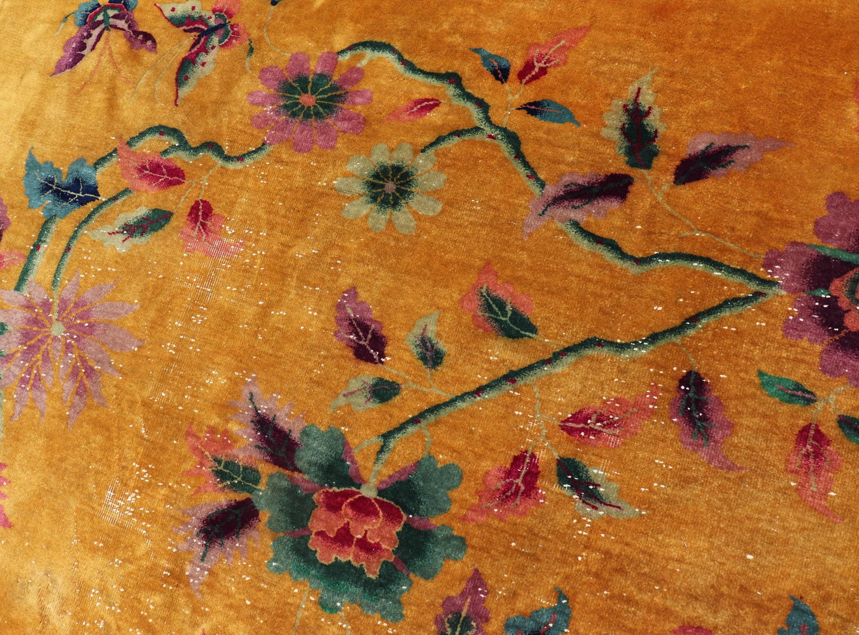 Golden Yellow Background Chinese Art Deco Rug with All - Over Vining Flowers. Golden yellow background Chinese Art Deco rug, rug V21 - 0206, country of origin / type: China / Art Deco, circa 1920. Alive with color, this beautiful antique Art Deco... - Keivan Woven ArtsV21 - 0206 - 15542Rug