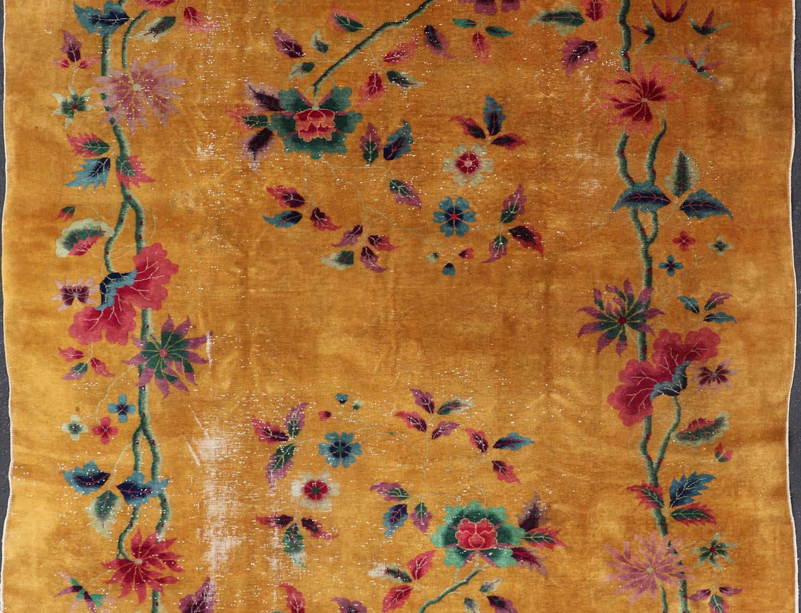 Golden Yellow Background Chinese Art Deco Rug with All - Over Vining Flowers. Golden yellow background Chinese Art Deco rug, rug V21 - 0206, country of origin / type: China / Art Deco, circa 1920. Alive with color, this beautiful antique Art Deco... - Keivan Woven ArtsV21 - 0206 - 15542Rug