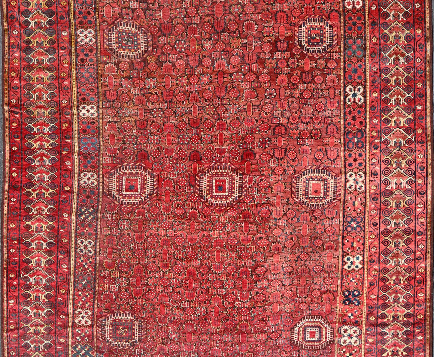 Unusually Large and Square Shaped Antique Bashir/Beshir Rug from late 19th Century in Red, Brown, Charcoal and Ivory. Turkmenistan rug V21 - 0403. Bashir rugs were woven by Ersai Tribes. Ersari Tribe rugs made rugs from Uzbekistan to Turkmenistan and ... - Keivan Woven ArtsV21 - 0403 - 15572