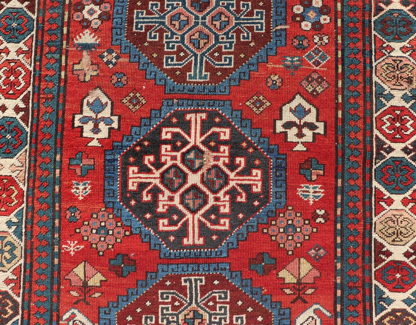 Antique Hand Knotted Caucasian Kazak Rug in Brilliant Red with Geometric Design Tribal geometric medallion design Kazak antique rug, antique Caucasian from Caucasus Region with a beautiful red background in multi - colors, Keivan Woven Arts rug V2... - Keivan Woven ArtsV21 - 0502 - 16394Rug