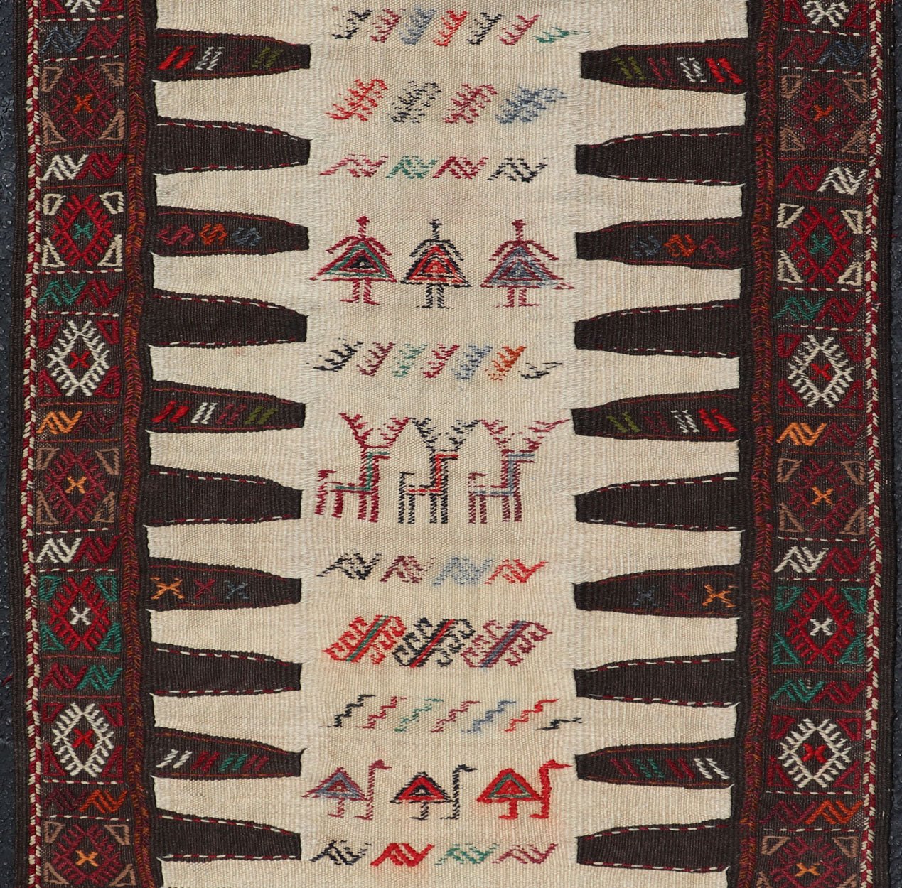 Vintage Tribal Baluch Rug With Pile and Kilim in Ivory Background Vintage Baluch Tribal rug in Shades of brown, tan, cream and red, This rug has a pair which is also listed on this website,V21 - 0810 Rug V21 - 0809, country of origin / type: Ir... - Keivan Woven ArtsV21 - 0809 - 16997Rug