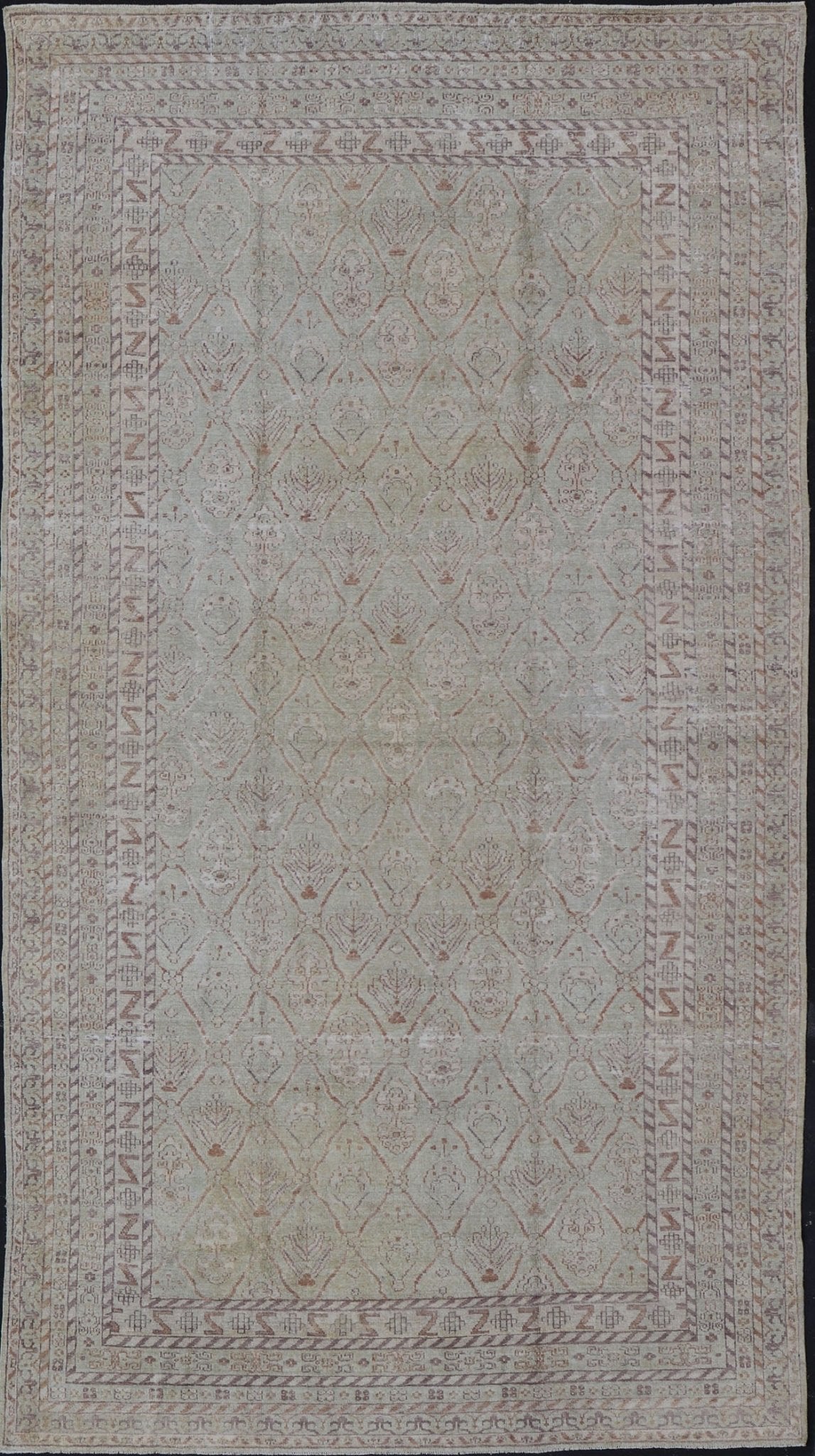 Large Indian Vintage Amritsar in Jade and Bronze This unique piece features many designs, starting from leaflet motifs, encased in the geometric diamonds, to the seemingly endless tiers of borders and bands, each displaying their o... - Keivan Woven ArtsV21 - 1204 - 18407Rug