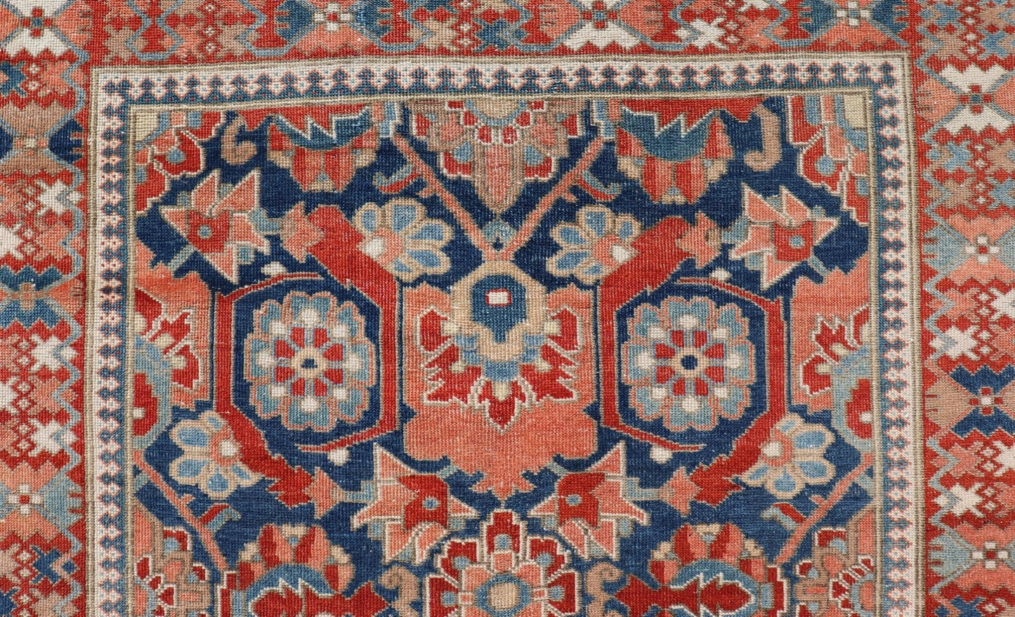 Antique Persian Tabriz Gallery Rug with Large Scale Sub Geometric Florals Antique Persian Tabriz Gallery Rug with Large Scale Sub Geometric Florals in Medium Blue Field, red, salmon ,light blue and cream. Keivan Woven Arts / rug VAS - 50331, coun... - Keivan Woven ArtsVAS - 50331 - 22387Rug