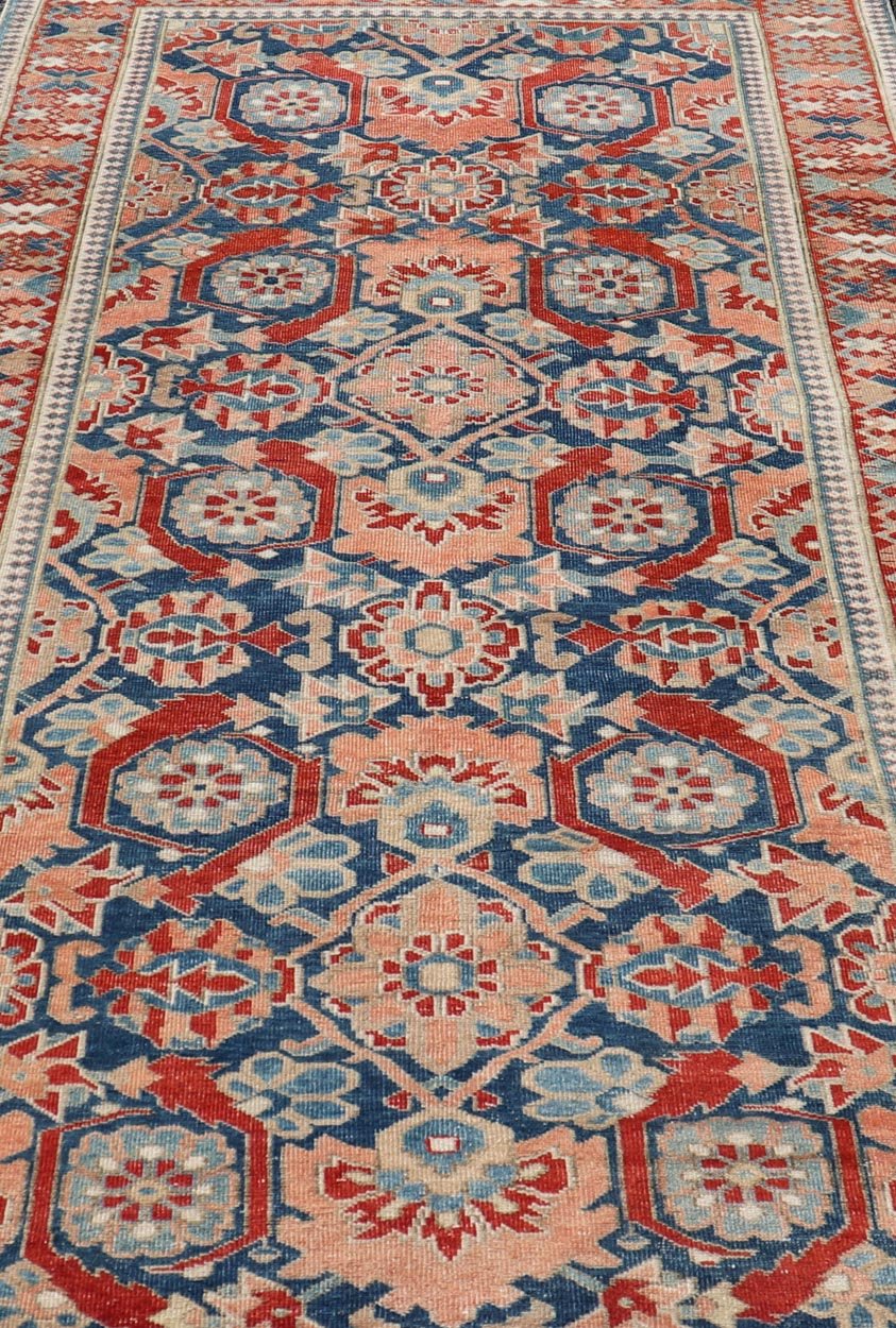 Antique Persian Tabriz Gallery Rug with Large Scale Sub Geometric Florals Antique Persian Tabriz Gallery Rug with Large Scale Sub Geometric Florals in Medium Blue Field, red, salmon ,light blue and cream. Keivan Woven Arts / rug VAS - 50331, coun... - Keivan Woven ArtsVAS - 50331 - 22387Rug