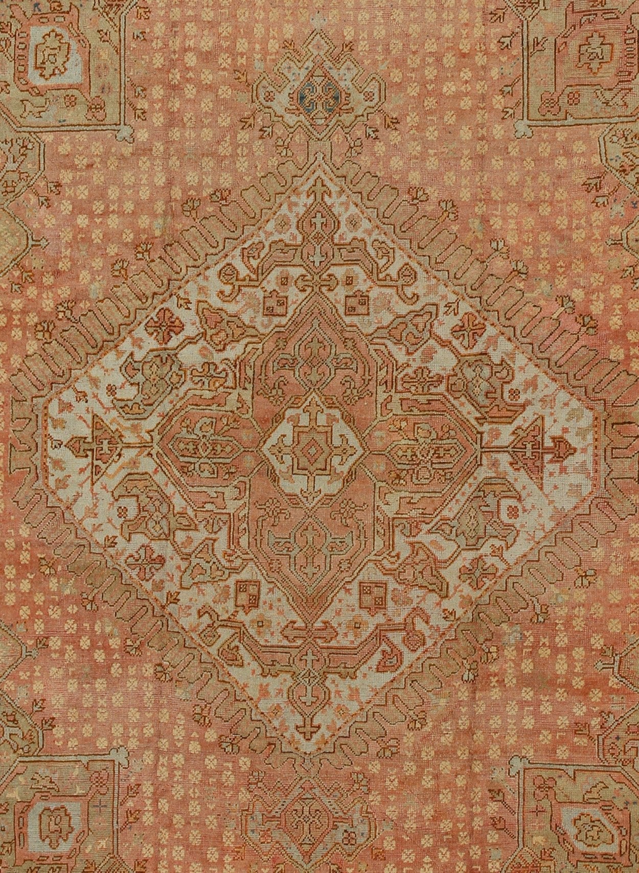 Antique Turkish Oushak Rug with Geometric Medallion by Keivan Woven Arts Antique Turkish Oushak rug with geometric medallion in Salmon background. Keivan Woven Arts / VR - 7884 / country of origin / type: Turkey / Oushak, circa Early - 20th century.... - Keivan Woven ArtsVR - 7884 - 1931Rug