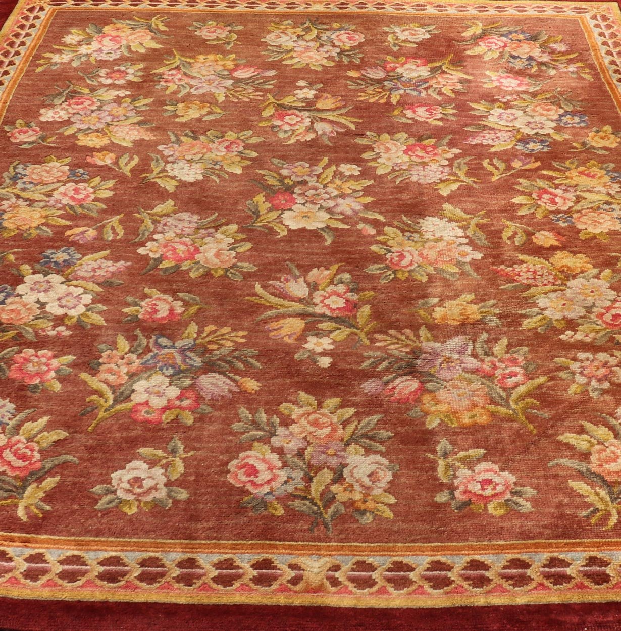 Antique Hand Knotted European Savonnerie Rug in Wool with Floral Design This antique French Savonnerie was in the Windcrofte house, the home of Robert Woodruff, the Coca Cola Magnate, and his wife Nell Woodruff. The rug sat in their upper landi... - Keivan Woven ArtsW22 - 0302 - 19322Rug