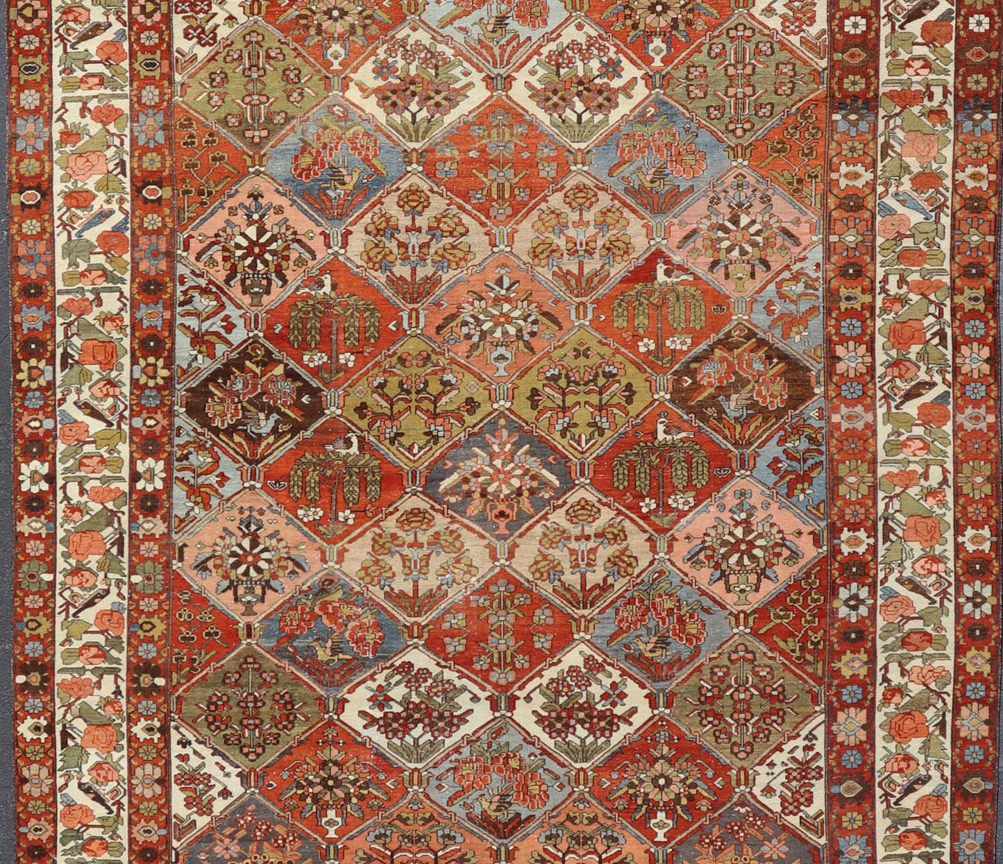 Measures: 12'1 x 18'0 Large Antique Bakhtiari Rug with Diamond Garden Design Keivan Woven Arts. rug W22 - 0801, Keivan Woven Arts country of origin / type: Iran / Bakhtiari, circa 1900. This magnificent Antique Bakhtiari Rug features an al... - Keivan Woven ArtsW22 - 0801 - 21221Rug