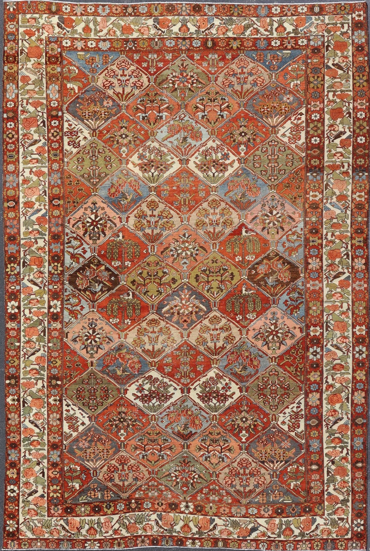 Measures: 12'1 x 18'0 Large Antique Bakhtiari Rug with Diamond Garden Design Keivan Woven Arts. rug W22 - 0801, Keivan Woven Arts country of origin / type: Iran / Bakhtiari, circa 1900. This magnificent Antique Bakhtiari Rug features an al... - Keivan Woven ArtsW22 - 0801 - 21221Rug