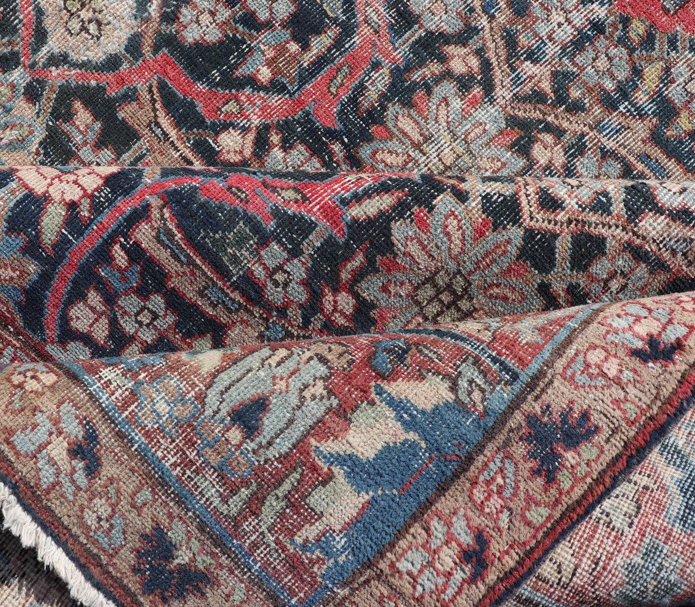 Large Antique Persian Large Tabriz Carpet with All Over Geometric Design, Large Persian Tabriz Antique Persian Tabriz Carpet with Geometric Design in Blue, charcoal, brown, soft Red, butter, green, cream and light blue. Keivan Woven Arts / rug W... - Keivan Woven ArtsW22 - 0803 - 22632