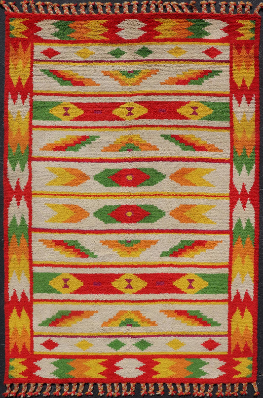 Vintage Moroccan Rug with All - Over Tribal Motif Design In Red, Green & Yellow. Keivan Woven Arts / rug W22 - 1200, country of origin / type: Morocco / Tribal, circa mid - 20th century. Measures: 5'10 x 8'11 This Moroccan rug has an all - over motif ge... - Keivan Woven ArtsW22 - 1200 - 22638