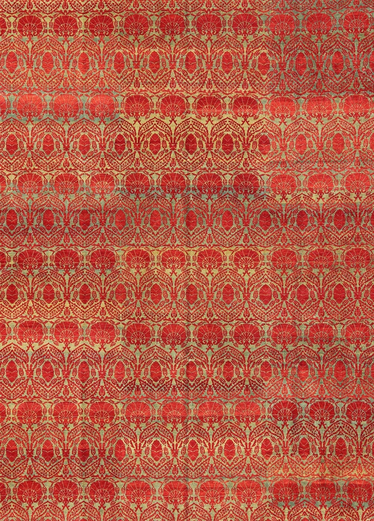 Measures: 9'11 x 13'0. Green and red vintage Turkish tribal ottoman rug with repeating design. Keivan Woven Arts / rug WL - 269742, country of origin / type: Turkey / Ottoman, circa 1990 Handwoven in Turkey, this one - of - a - kind vintage Ottoman r... - Keivan Woven ArtsWL - 269742 - 1969Rug