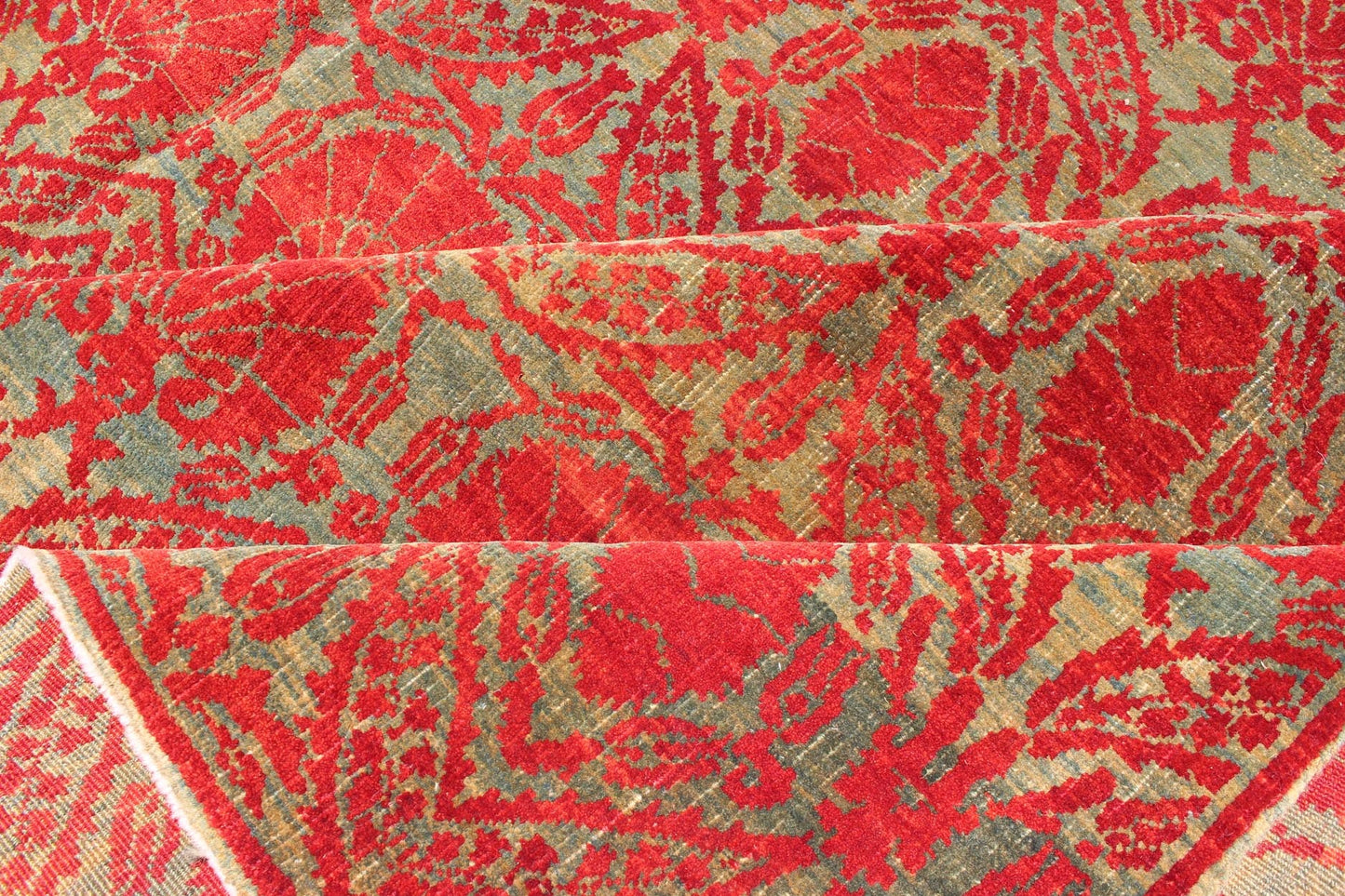 Measures: 9'11 x 13'0. Green and red vintage Turkish tribal ottoman rug with repeating design. Keivan Woven Arts / rug WL - 269742, country of origin / type: Turkey / Ottoman, circa 1990 Handwoven in Turkey, this one - of - a - kind vintage Ottoman r... - Keivan Woven ArtsWL - 269742 - 1969Rug