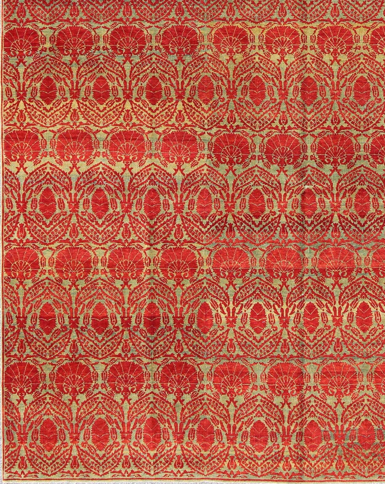 Measures: 9'11 x 13'0. Green and red vintage Turkish tribal ottoman rug with repeating design. Keivan Woven Arts / rug WL - 269742, country of origin / type: Turkey / Ottoman, circa 1990 Handwoven in Turkey, this one - of - a - kind vintage Ottoman r... - Keivan Woven ArtsWL - 269742 - 1969Rug