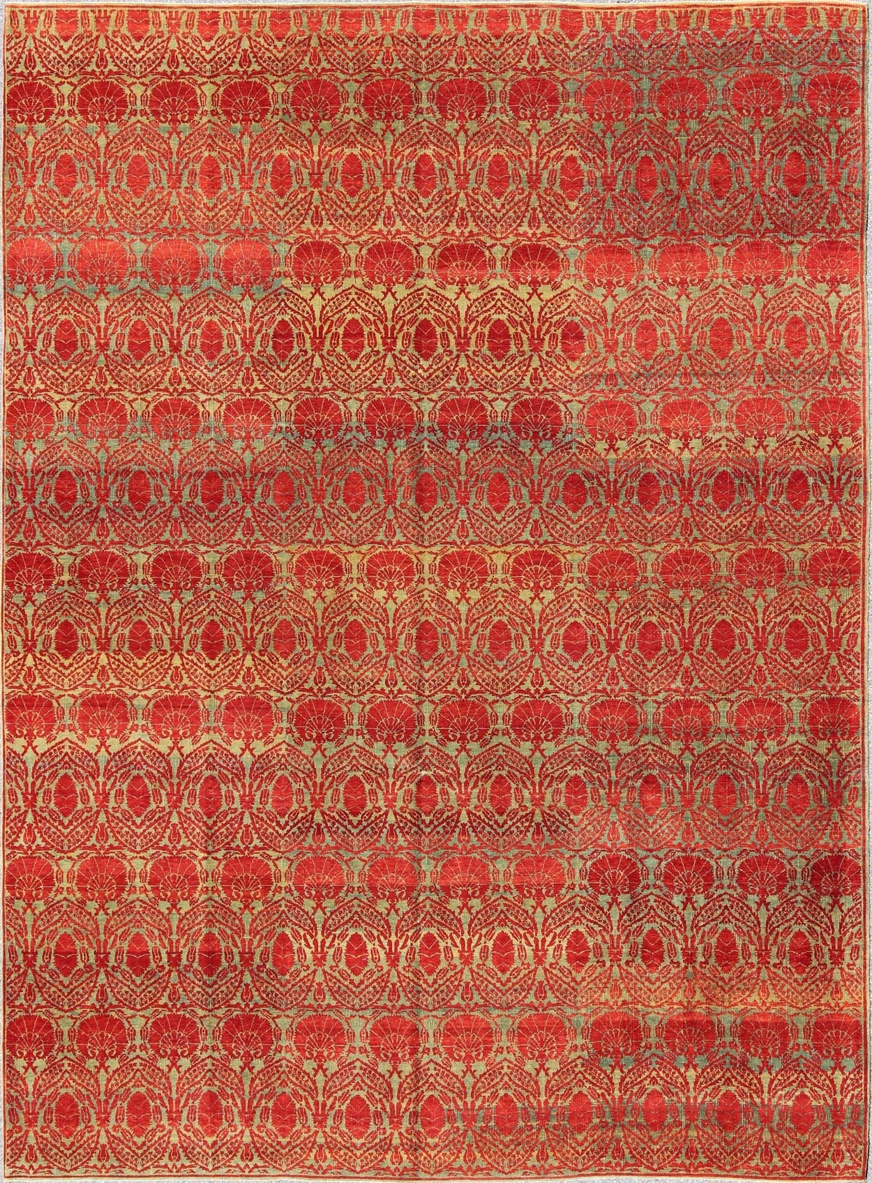 Measures: 9'11 x 13'0. Green and red vintage Turkish tribal ottoman rug with repeating design. Keivan Woven Arts / rug WL - 269742, country of origin / type: Turkey / Ottoman, circa 1990 Handwoven in Turkey, this one - of - a - kind vintage Ottoman r... - Keivan Woven ArtsWL - 269742 - 1969Rug
