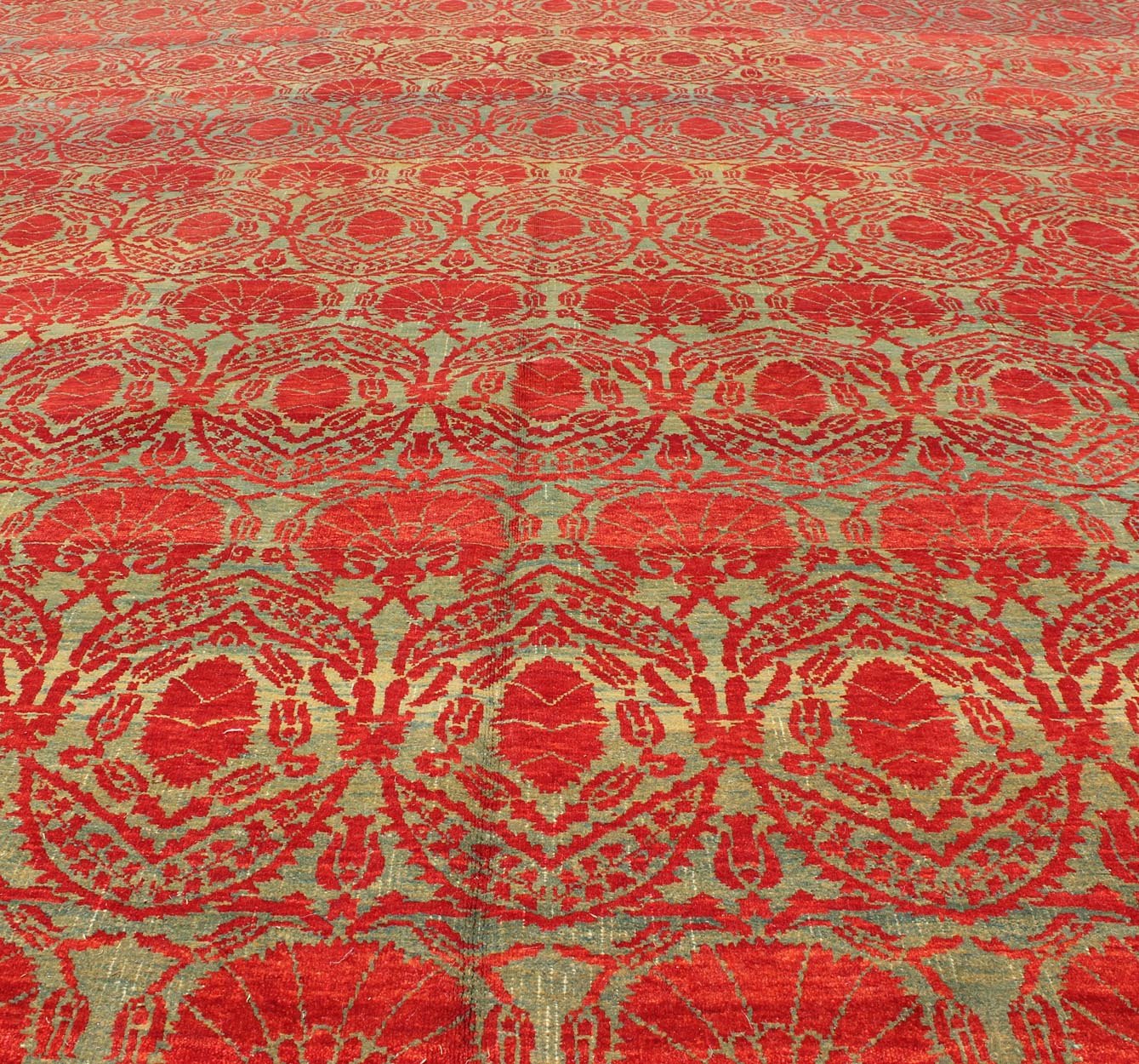 Measures: 9'11 x 13'0. Green and red vintage Turkish tribal ottoman rug with repeating design. Keivan Woven Arts / rug WL - 269742, country of origin / type: Turkey / Ottoman, circa 1990 Handwoven in Turkey, this one - of - a - kind vintage Ottoman r... - Keivan Woven ArtsWL - 269742 - 1969Rug