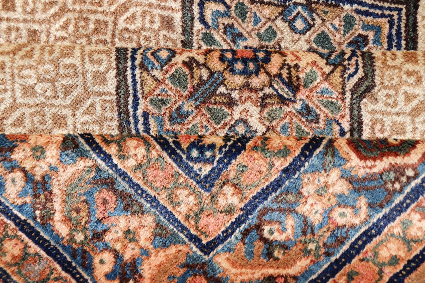 Antique Persian Serab Gallery with Tribal Geometric Design in Camel, Green, Blue. rug X23 - 0302 - 371; Keivan Woven Arts, country of origin / type: Persian / Sarab, circa 1900. Measures: 5'6 x 11'10 This beautiful antique Persian Serab runner rests... - Keivan Woven ArtsX23 - 0302 - 371 - 24217
