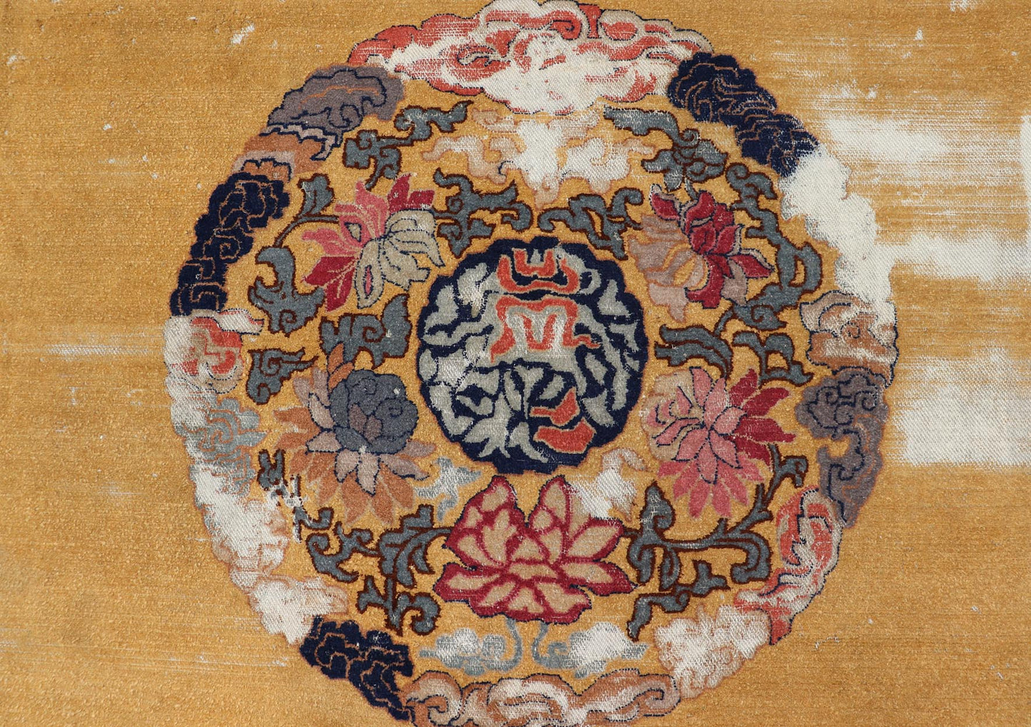 Mid 19th century Chinese Medallion Rug in Saffron Yellow, Navy Blue and Multi Colors Mid 19th century antique Chinese Medallion Rug. Keivan Woven Arts / rug /TU - UGU - 3605, country of origin / type: Turkey / Oushak, circa 1850's Measures: ... - Keivan Woven ArtsX23 - 0312 - 24408Rug