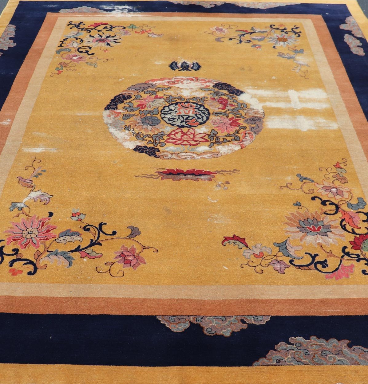Mid 19th century Chinese Medallion Rug in Saffron Yellow, Navy Blue and Multi Colors Mid 19th century antique Chinese Medallion Rug. Keivan Woven Arts / rug /TU - UGU - 3605, country of origin / type: Turkey / Oushak, circa 1850's Measures: ... - Keivan Woven ArtsX23 - 0312 - 24408Rug