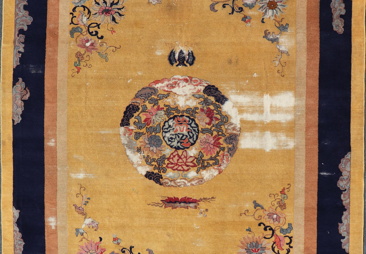 Mid 19th century Chinese Medallion Rug in Saffron Yellow, Navy Blue and Multi Colors Mid 19th century antique Chinese Medallion Rug. Keivan Woven Arts / rug /TU - UGU - 3605, country of origin / type: Turkey / Oushak, circa 1850's Measures: ... - Keivan Woven ArtsX23 - 0312 - 24408Rug