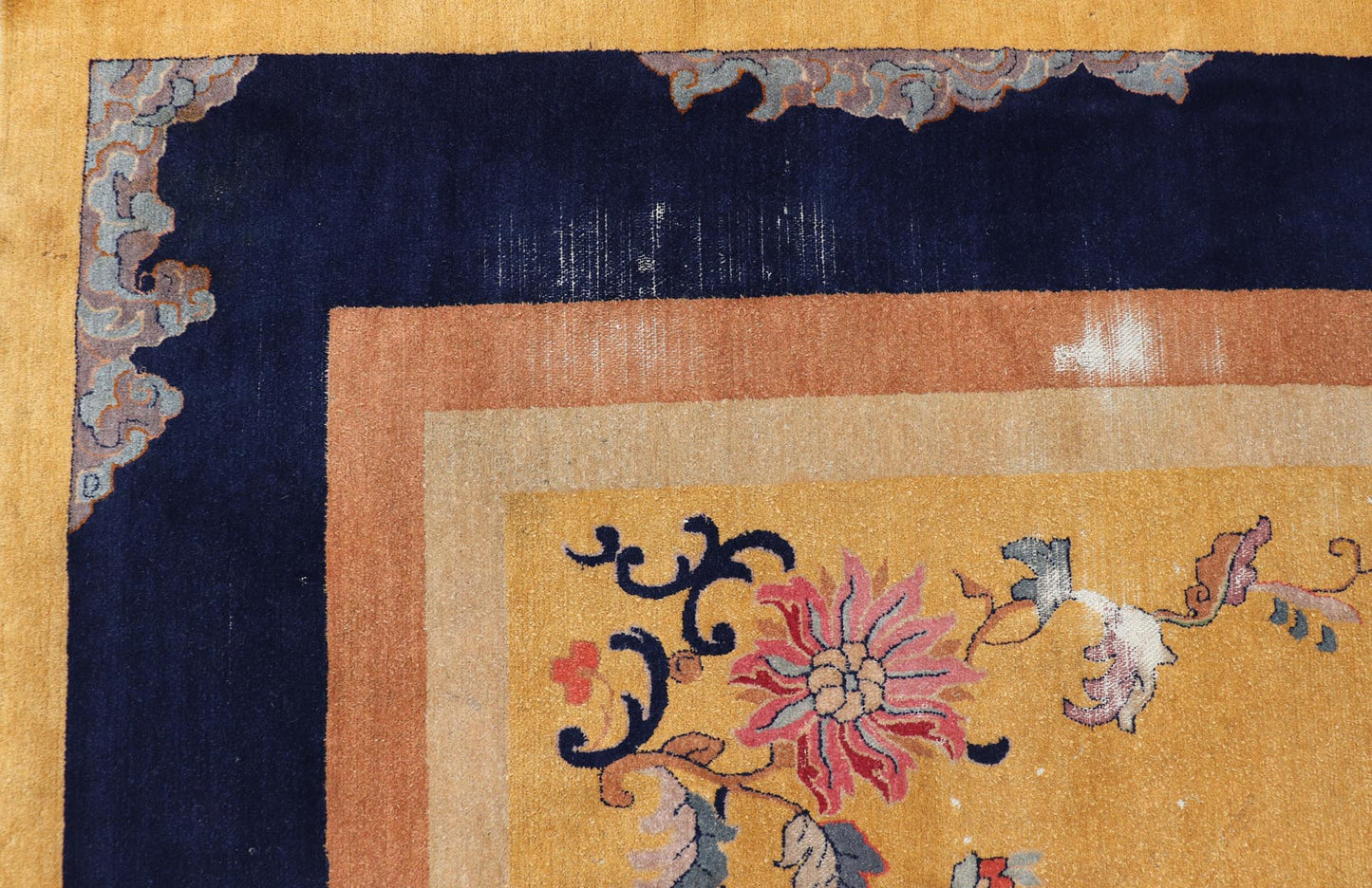 Mid 19th century Chinese Medallion Rug in Saffron Yellow, Navy Blue and Multi Colors Mid 19th century antique Chinese Medallion Rug. Keivan Woven Arts / rug /TU - UGU - 3605, country of origin / type: Turkey / Oushak, circa 1850's Measures: ... - Keivan Woven ArtsX23 - 0312 - 24408Rug
