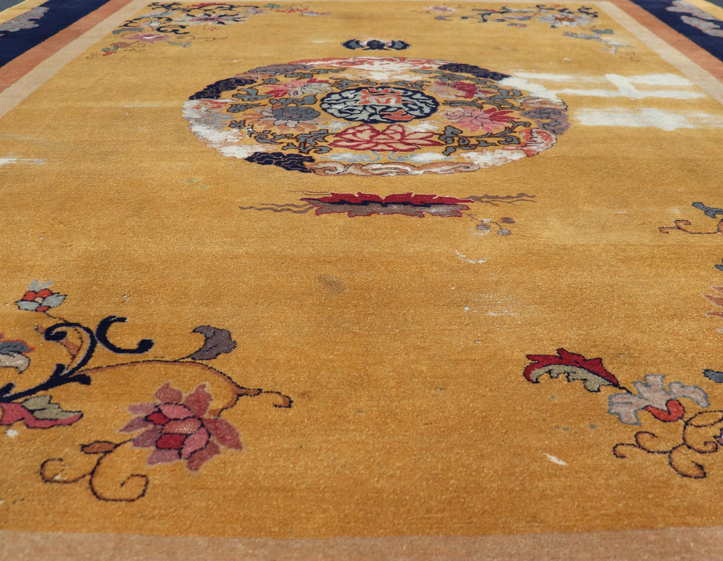 Mid 19th century Chinese Medallion Rug in Saffron Yellow, Navy Blue and Multi Colors Mid 19th century antique Chinese Medallion Rug. Keivan Woven Arts / rug /TU - UGU - 3605, country of origin / type: Turkey / Oushak, circa 1850's Measures: ... - Keivan Woven ArtsX23 - 0312 - 24408Rug