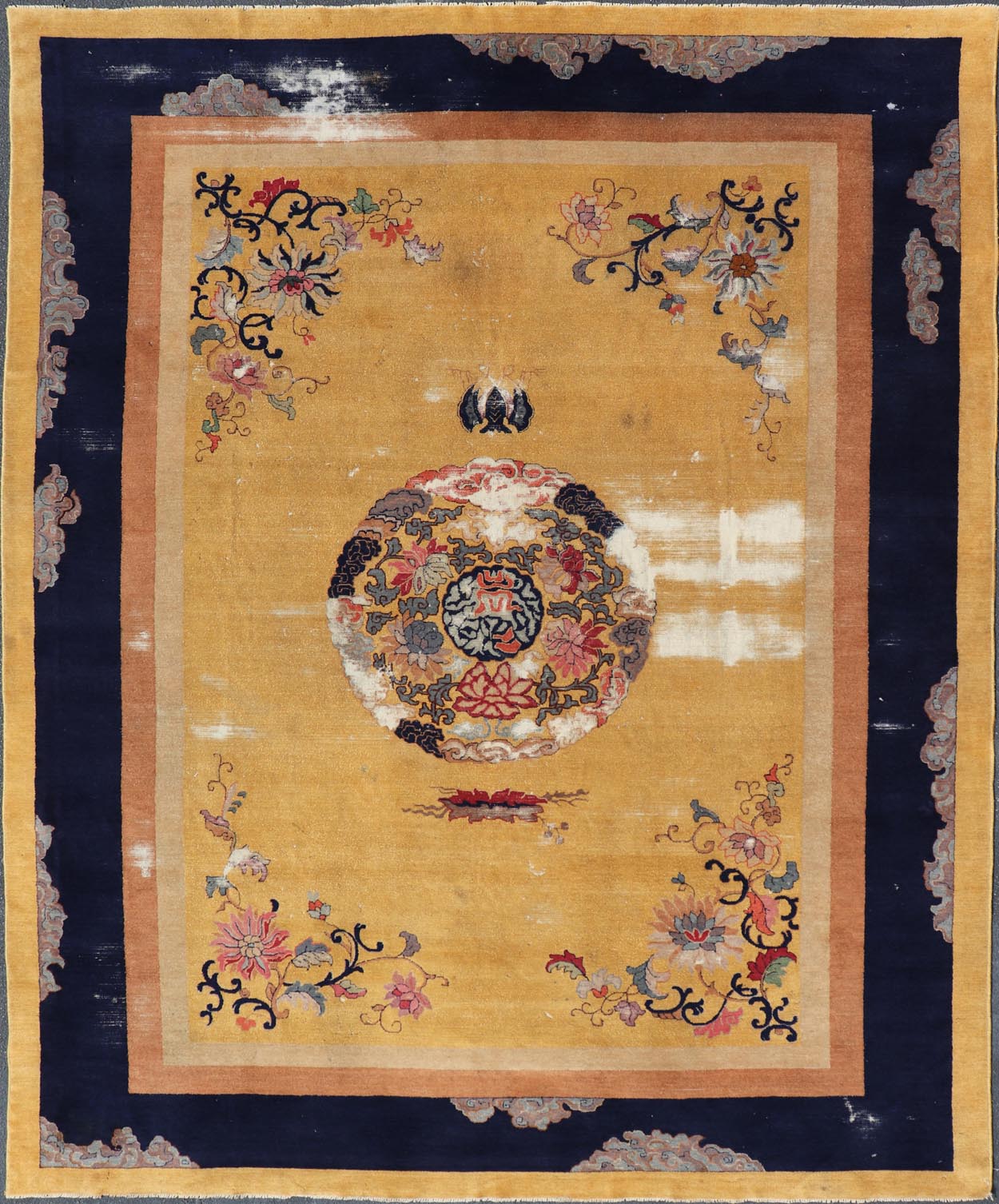 Mid 19th century Chinese Medallion Rug in Saffron Yellow, Navy Blue and Multi Colors Mid 19th century antique Chinese Medallion Rug. Keivan Woven Arts / rug /TU - UGU - 3605, country of origin / type: Turkey / Oushak, circa 1850's Measures: ... - Keivan Woven ArtsX23 - 0312 - 24408Rug