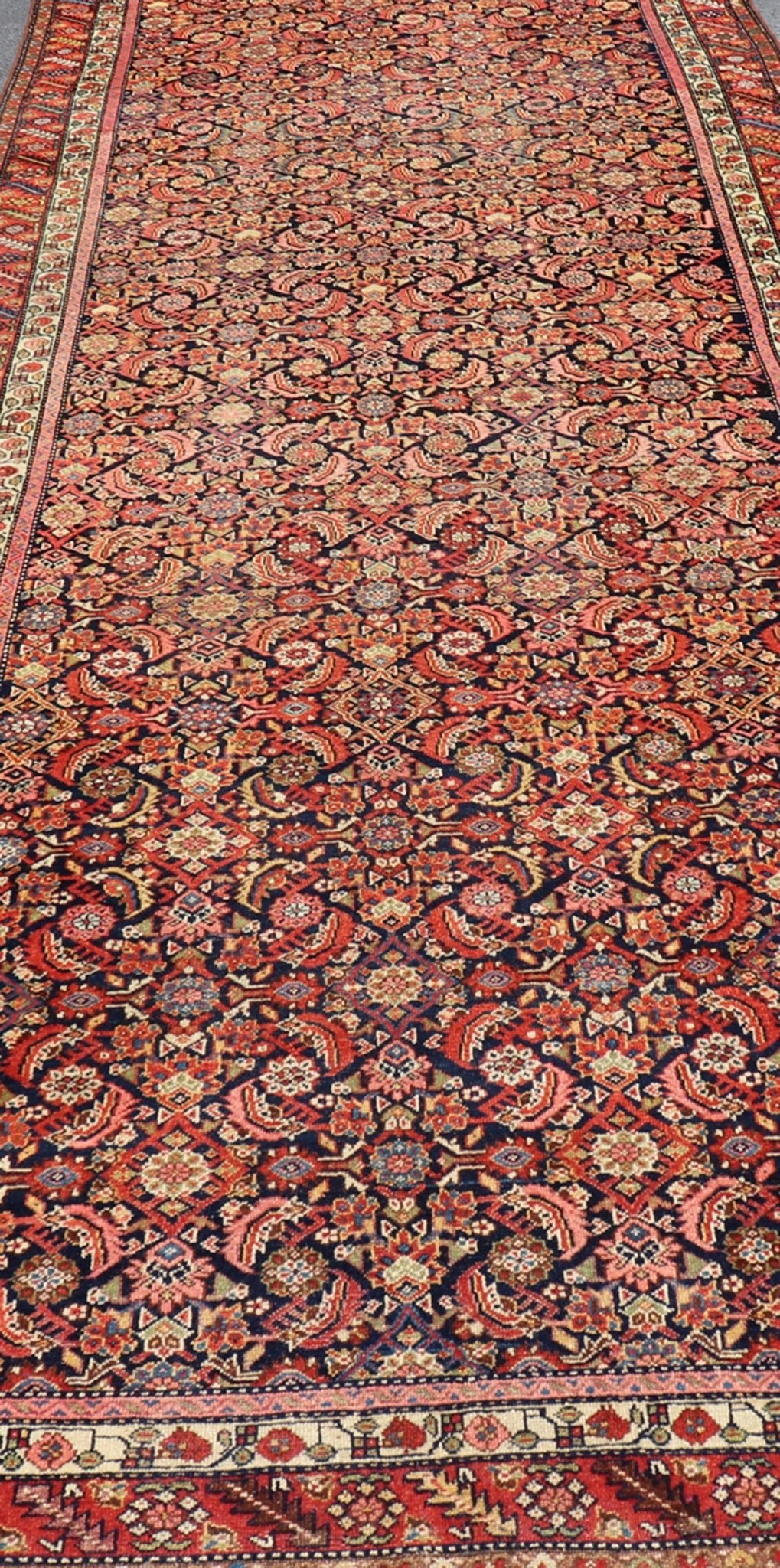 Antique Persian Gallery Malayer Runner in Blue Background and Multi Colors. Keivan Woven Arts / rug X23 - 0403, country of origin / type: Iran / Malayer, circa 1920 Measures: 5'10 x 16'2 - Keivan Woven ArtsX23 - 0403 - 196 - 24271Rug