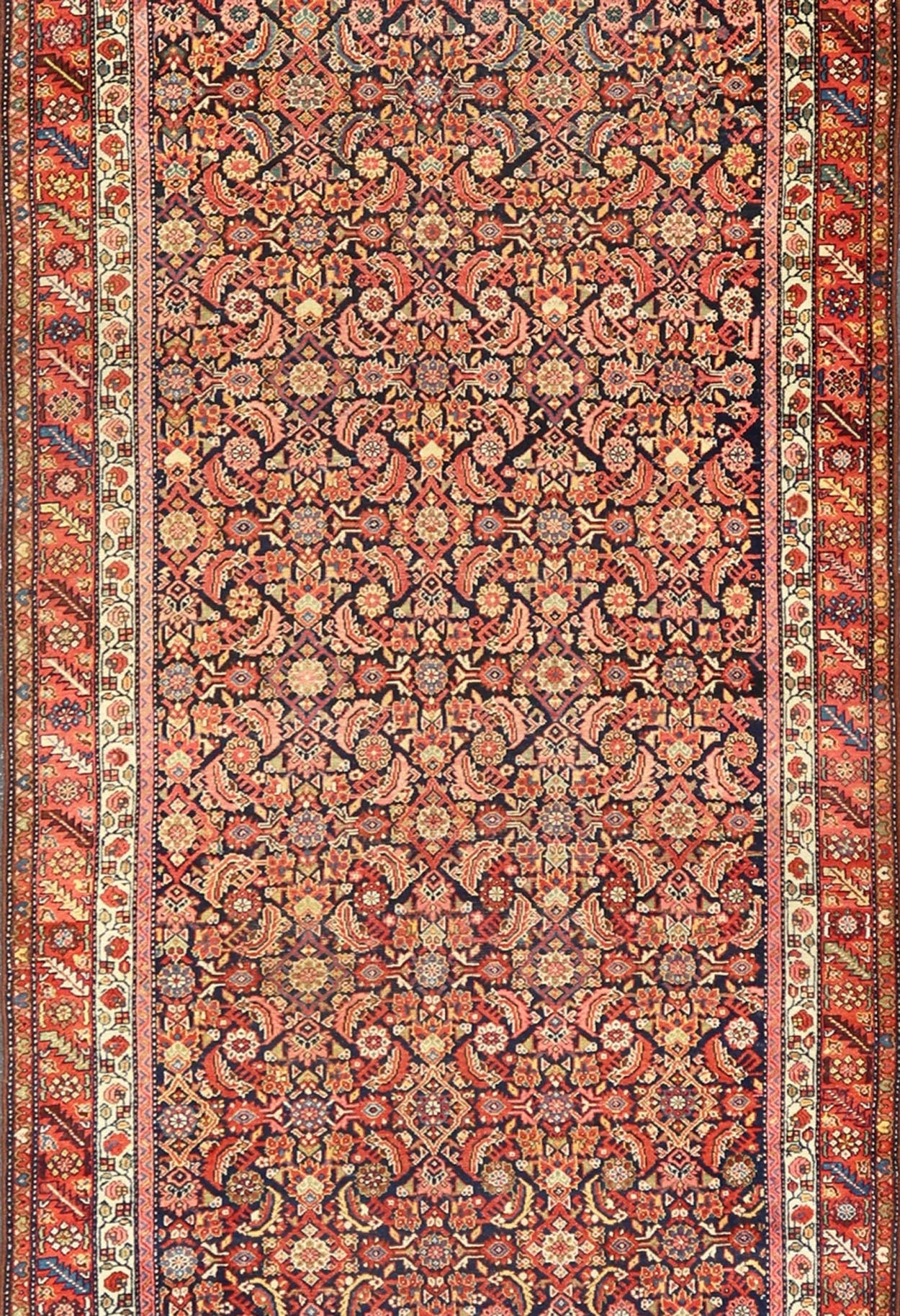 Antique Persian Gallery Malayer Runner in Blue Background and Multi Colors. Keivan Woven Arts / rug X23 - 0403, country of origin / type: Iran / Malayer, circa 1920 Measures: 5'10 x 16'2 - Keivan Woven ArtsX23 - 0403 - 196 - 24271Rug