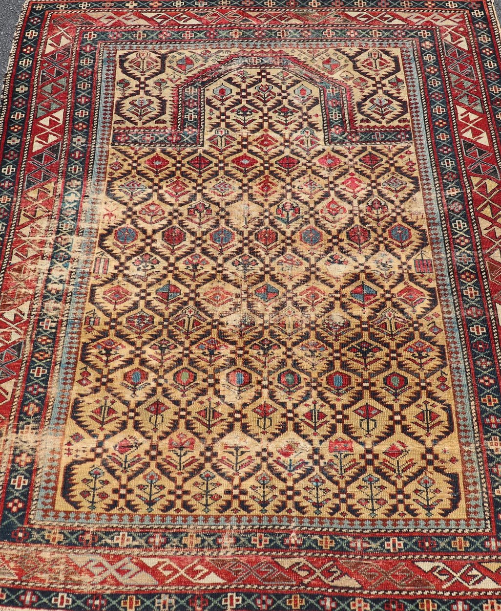 Antique Shirvan Prayer Rug with All - Over Floral Design and Geometric Borders. Keivan Woven Arts / rug X23 - 0404 - 251 / early 20th century. Measures: 3'9 x 4'8 This colorful floral - design antique Caucasian Shirvan prayer rug from the late 19th cen... - Keivan Woven ArtsX23 - 0404 - 251 - 24277Rug