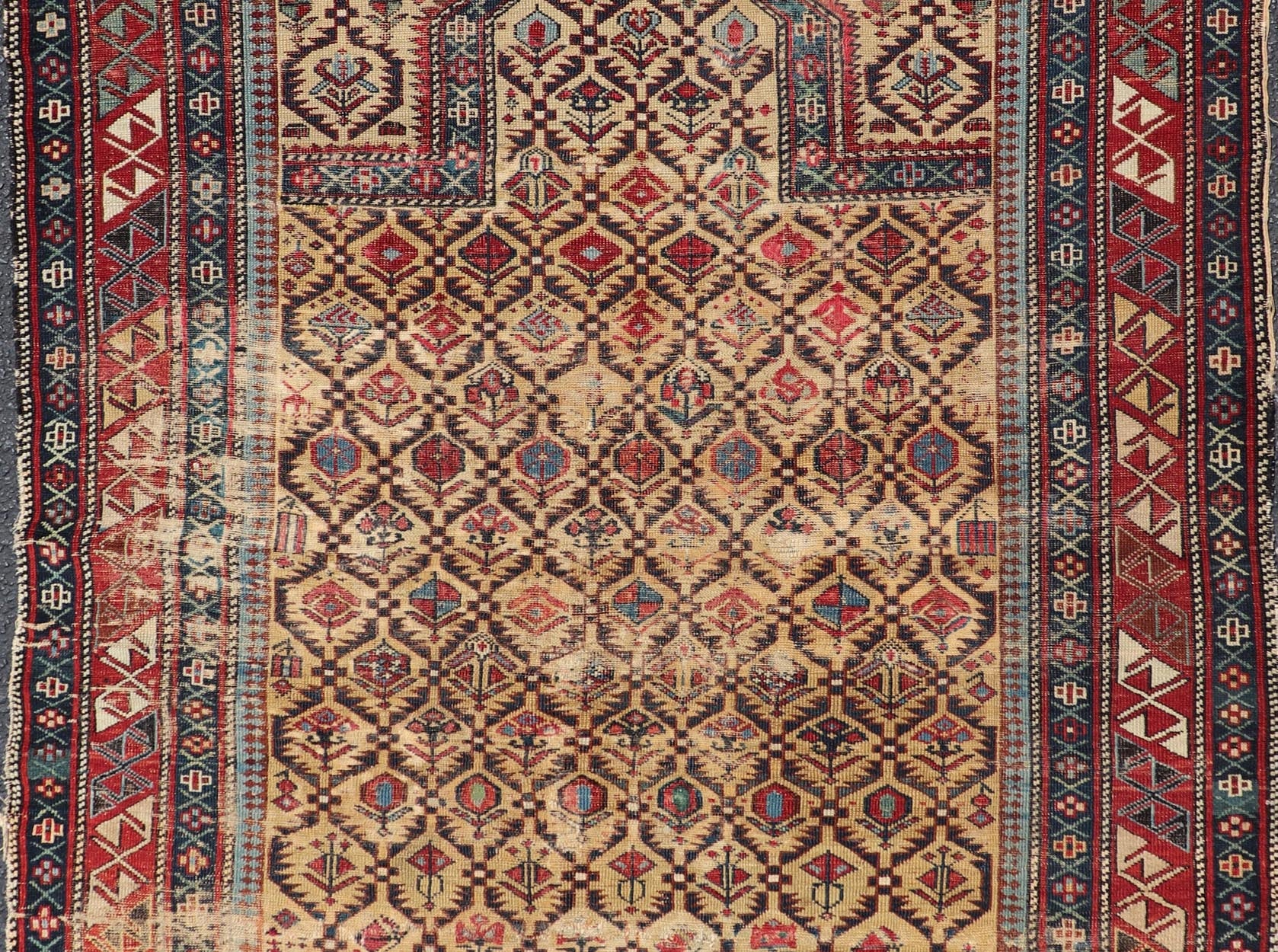 Antique Shirvan Prayer Rug with All - Over Floral Design and Geometric Borders. Keivan Woven Arts / rug X23 - 0404 - 251 / early 20th century. Measures: 3'9 x 4'8 This colorful floral - design antique Caucasian Shirvan prayer rug from the late 19th cen... - Keivan Woven ArtsX23 - 0404 - 251 - 24277