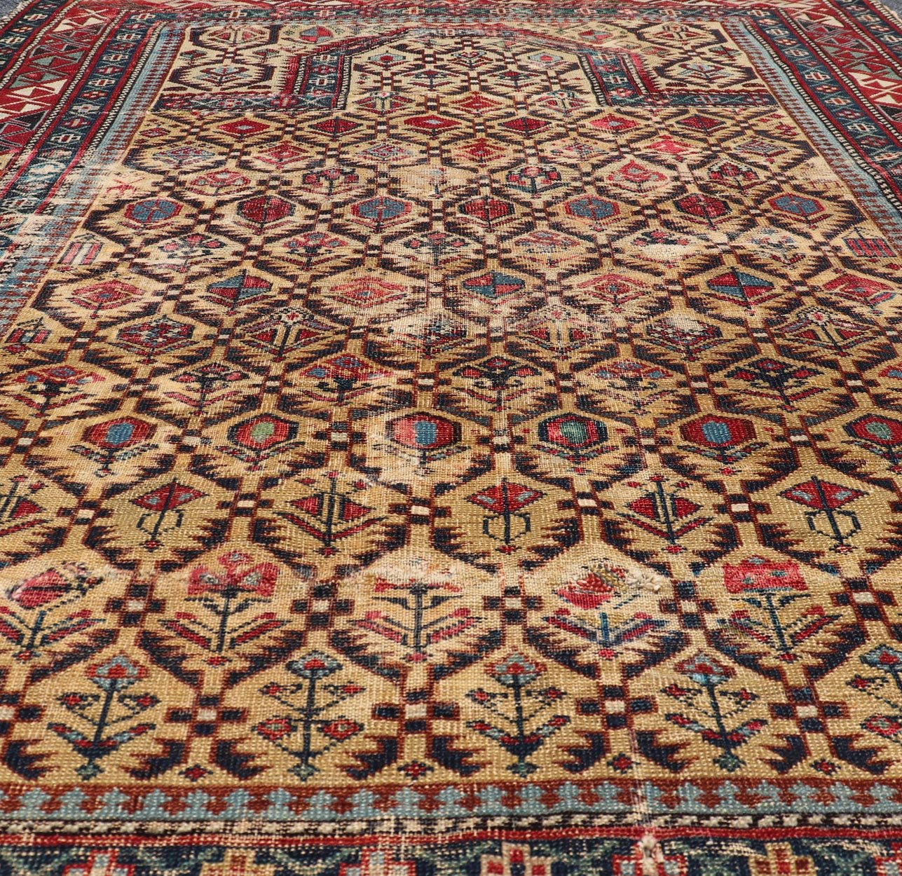 Antique Shirvan Prayer Rug with All - Over Floral Design and Geometric Borders. Keivan Woven Arts / rug X23 - 0404 - 251 / early 20th century. Measures: 3'9 x 4'8 This colorful floral - design antique Caucasian Shirvan prayer rug from the late 19th cen... - Keivan Woven ArtsX23 - 0404 - 251 - 24277Rug