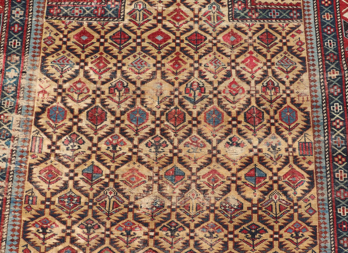 Antique Shirvan Prayer Rug with All - Over Floral Design and Geometric Borders. Keivan Woven Arts / rug X23 - 0404 - 251 / early 20th century. Measures: 3'9 x 4'8 This colorful floral - design antique Caucasian Shirvan prayer rug from the late 19th cen... - Keivan Woven ArtsX23 - 0404 - 251 - 24277Rug