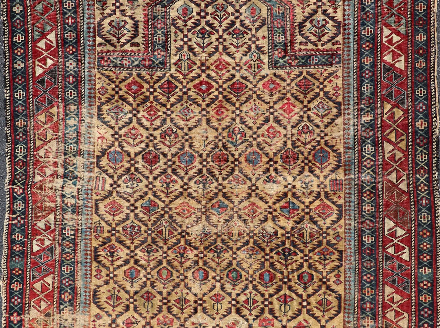 Antique Shirvan Prayer Rug with All - Over Floral Design and Geometric Borders. Keivan Woven Arts / rug X23 - 0404 - 251 / early 20th century. Measures: 3'9 x 4'8 This colorful floral - design antique Caucasian Shirvan prayer rug from the late 19th cen... - Keivan Woven ArtsX23 - 0404 - 251 - 24277Rug