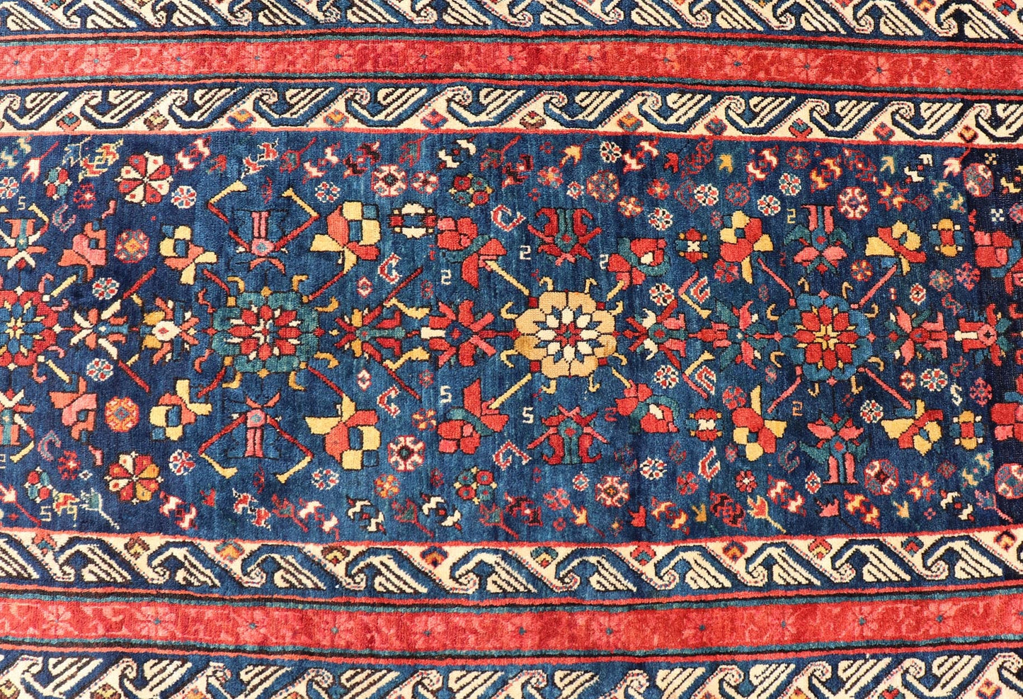 Antique Caucasian Seychour Runner in Medium Blue Background and Rich Colors. Keivan Woven Arts / rug X23 - 0607 - 123, country of origin / type: Azerbaijan /Seychour , circa late - 19th century. Measures: 4'0 x 10'9 Antique Seychour rugs are p... - Keivan Woven ArtsX23 - 0607 - 123 - 24504Rug
