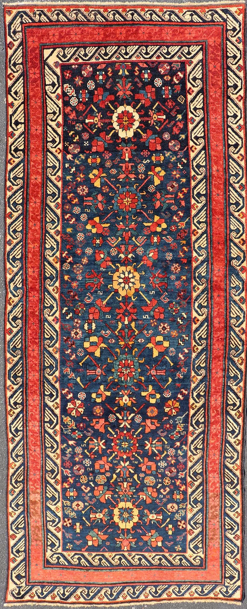 Antique Caucasian Seychour Runner in Medium Blue Background and Rich Colors. Keivan Woven Arts / rug X23 - 0607 - 123, country of origin / type: Azerbaijan /Seychour , circa late - 19th century. Measures: 4'0 x 10'9 Antique Seychour rugs are p... - Keivan Woven ArtsX23 - 0607 - 123 - 24504Rug