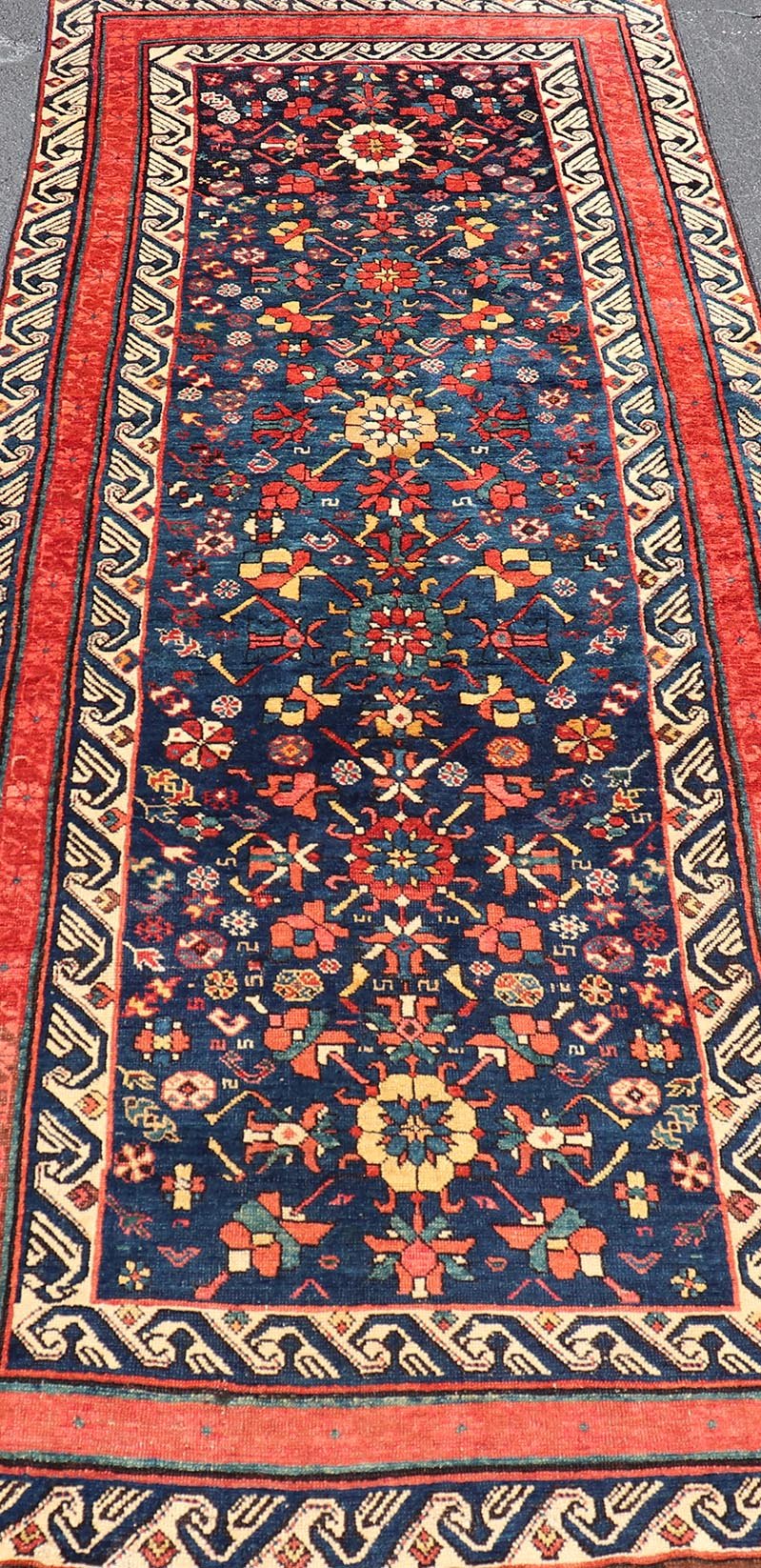 Antique Caucasian Seychour Runner in Medium Blue Background and Rich Colors. Keivan Woven Arts / rug X23 - 0607 - 123, country of origin / type: Azerbaijan /Seychour , circa late - 19th century. Measures: 4'0 x 10'9 Antique Seychour rugs are p... - Keivan Woven ArtsX23 - 0607 - 123 - 24504Rug