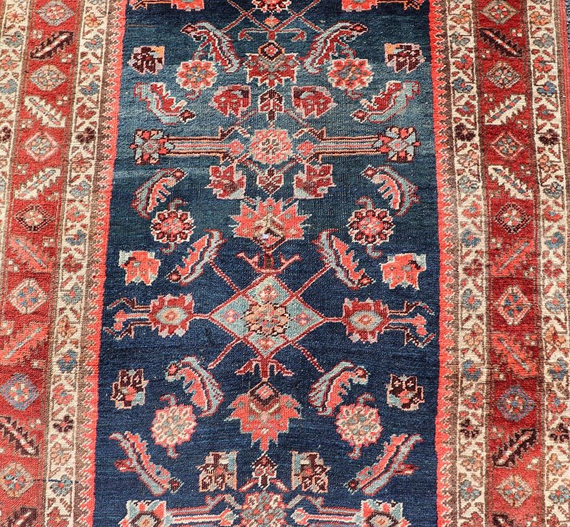 Antique Persian Bidjar Runner with Small Floral Motifs in Blue, Red, and Ivory. Keivan Woven Arts / rug /X23 - 0819 - 399, country of origin / type: Iran / Bidjar, circa 1900 Measures: 3'6 x 10'0 This antique Persian Bidjar wide runner features a be... - Keivan Woven ArtsX23 - 0819 - 399 - 24880Rug